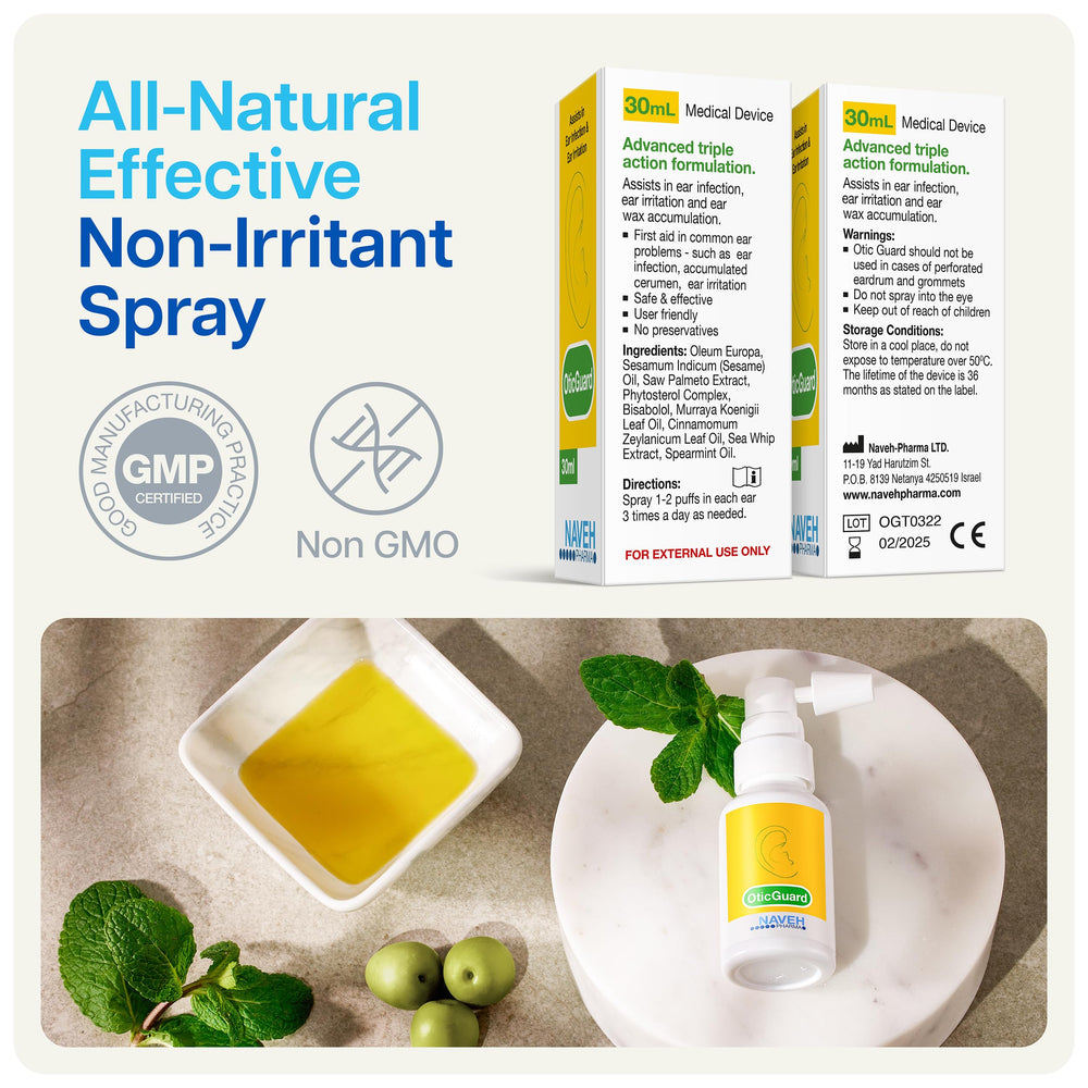 Natural olive oil blend highlighted on packaging conveys gentle, chemical-free ear care
