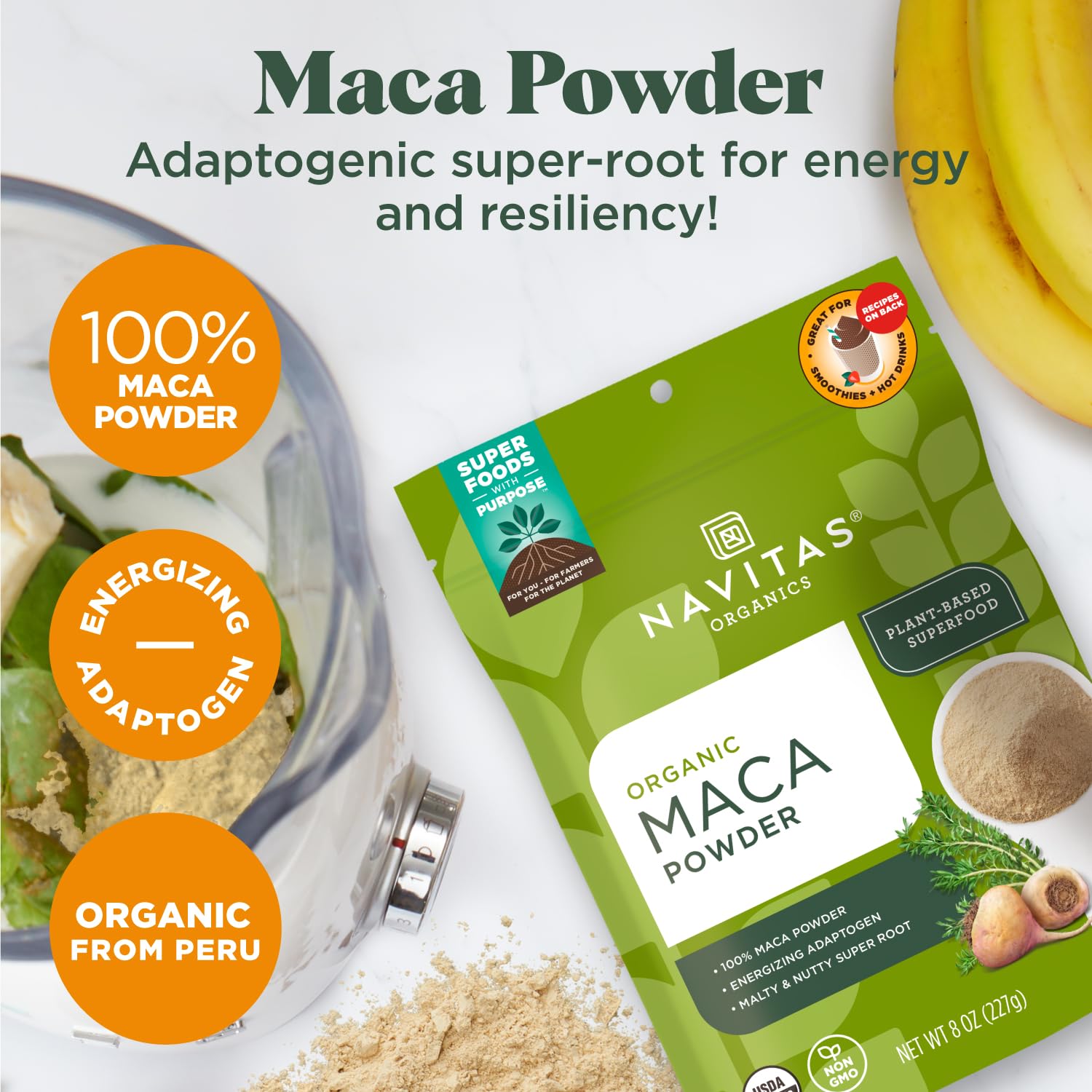 Smoothie ready Navitas Organics Maca Powder blends for natural energy and malty flavor