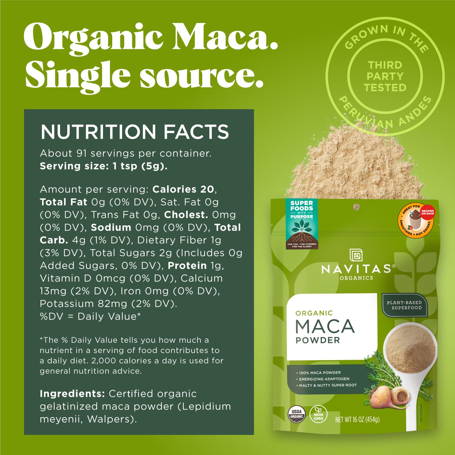 Navitas Organics Maca Powder with measuring scoop for easy portioning in smoothies