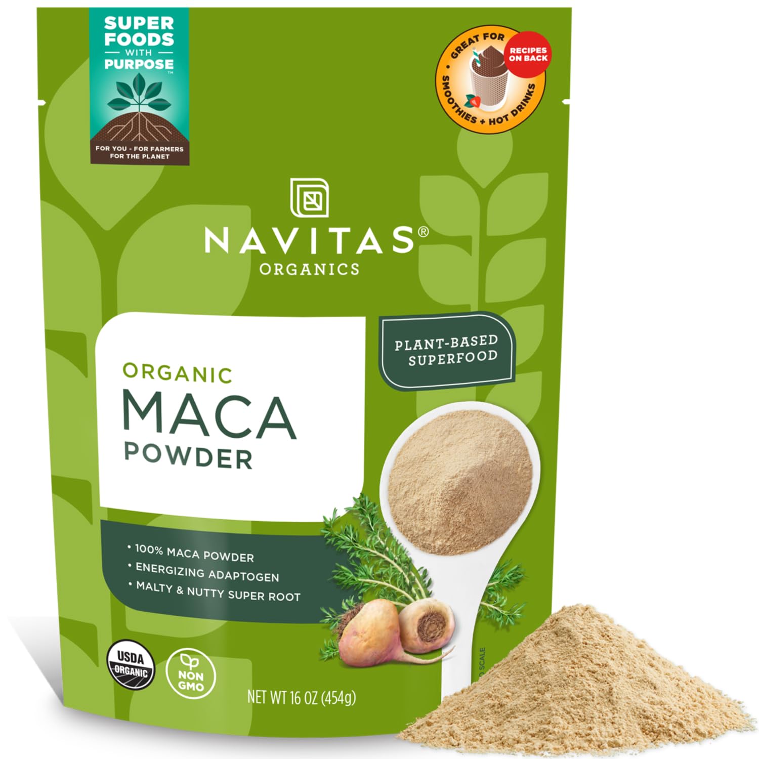 Navitas Organics Maca Powder in a 16oz bag packaging signals premium Peru grown root for everyday balance