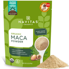 Navitas Organics Maca Powder in a 16oz bag packaging signals premium Peru grown root for everyday balance