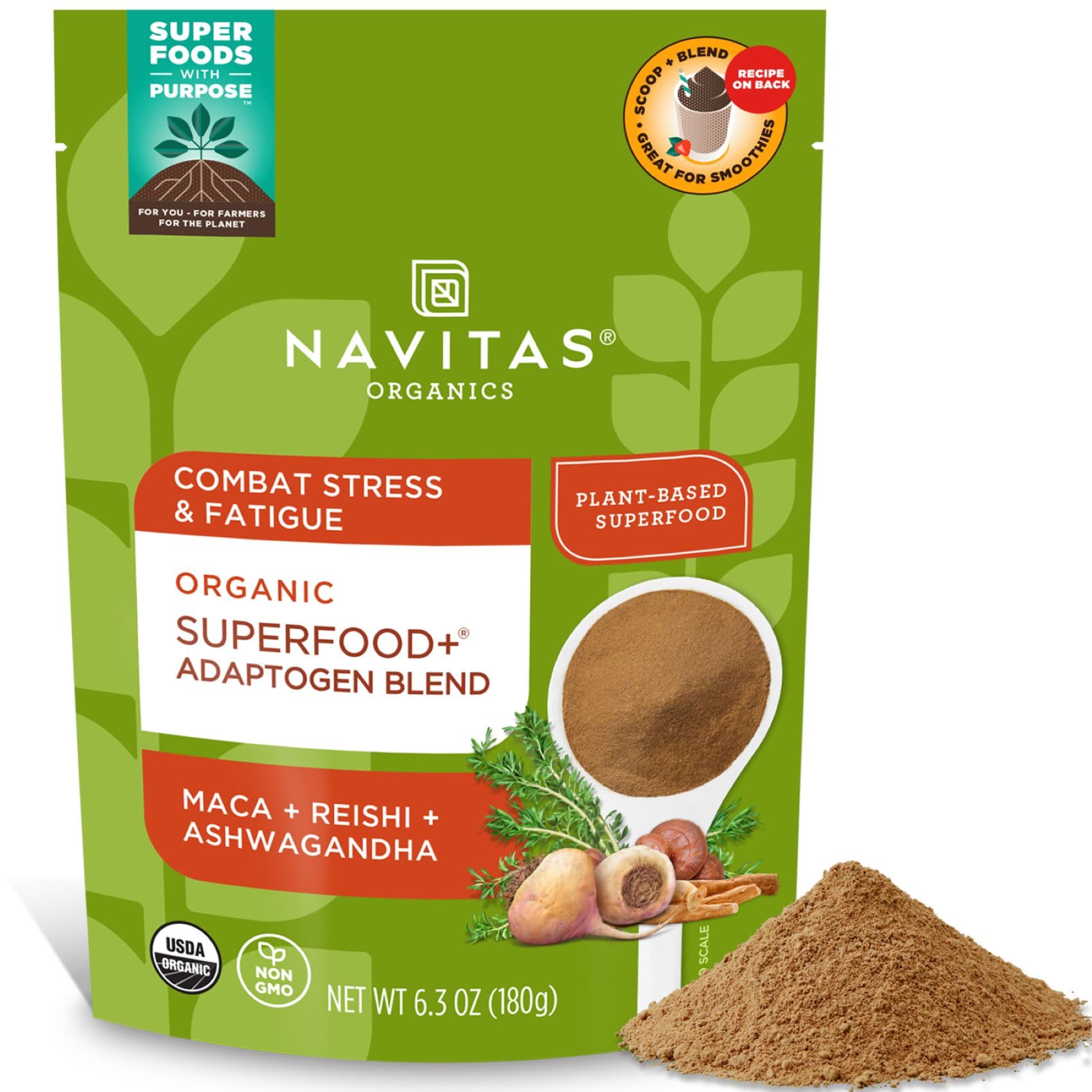 Navitas Organics adaptogen blend in bag front, ready for daily resilience support.