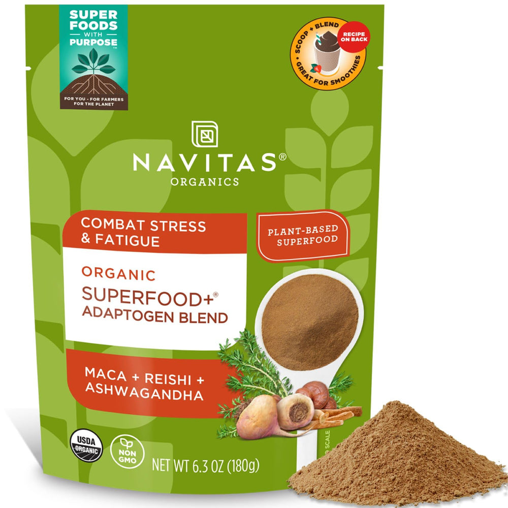 Navitas Organics adaptogen blend in bag front, ready for daily resilience support.