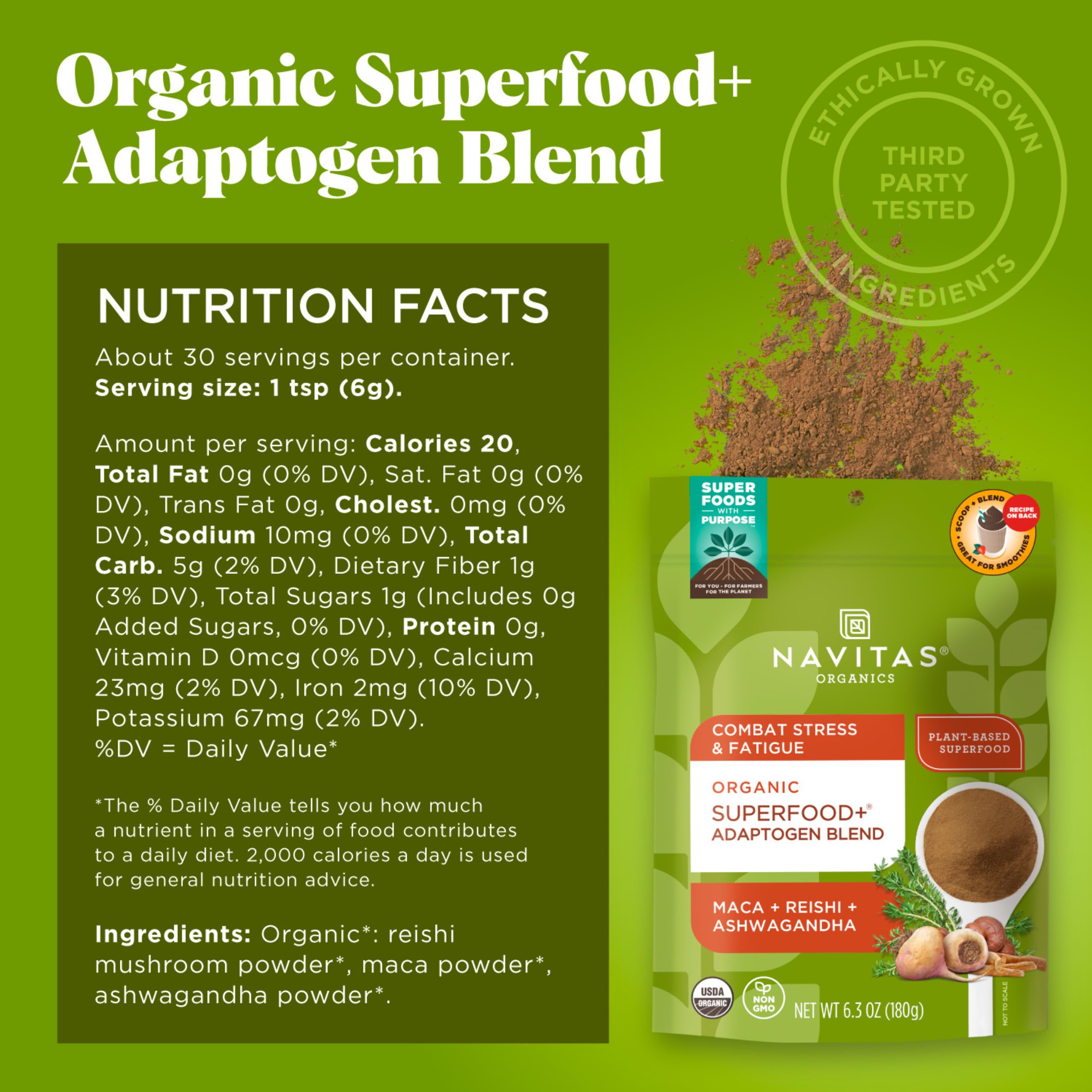 Navitas Organics maca-reishi-ashwagandha powder with scoop, ideal for smoothies and energy boosts.