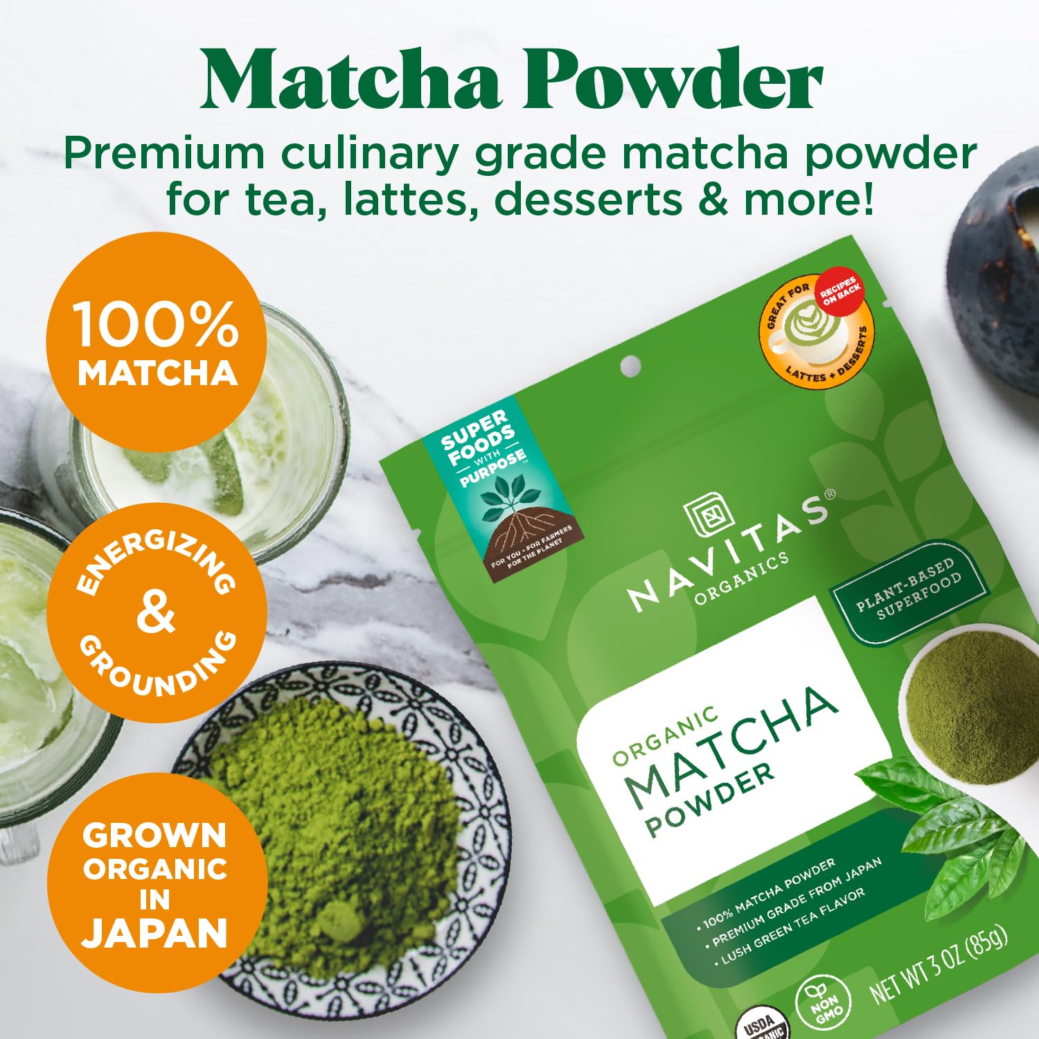 Navitas Organics Matcha Powder leaf close-up with vibrant color, emphasizing shade-grown origin for energy blends.