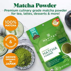 Navitas Organics Matcha Powder leaf close-up with vibrant color, emphasizing shade-grown origin for energy blends.