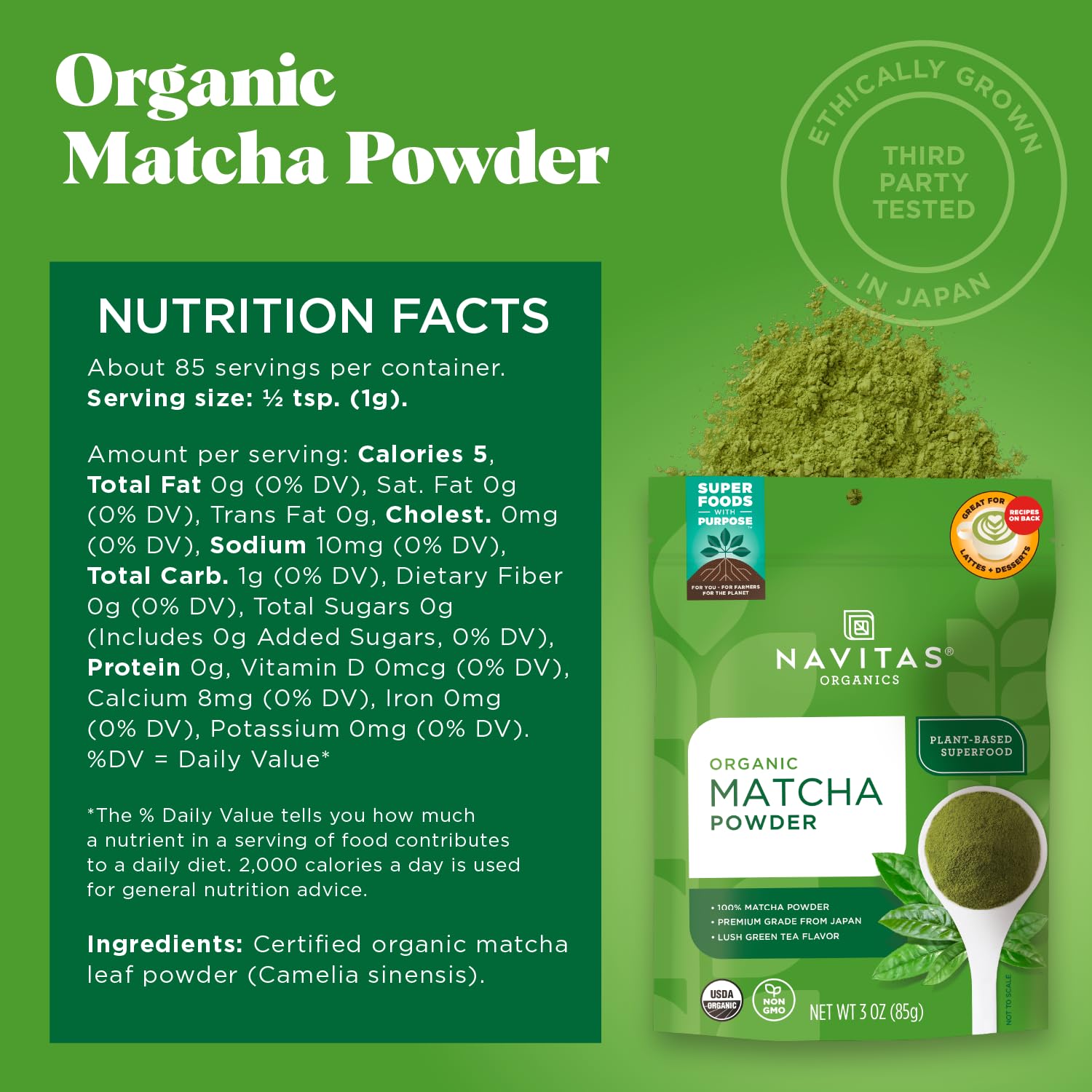 Navitas Organics Matcha Powder finely milled powder ready for whisking and cooking.