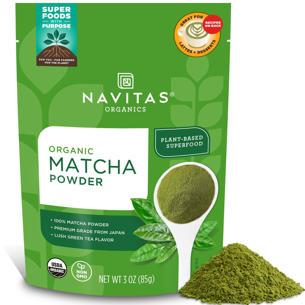 Navitas Organics Matcha Powder packaging on a clean surface, highlighting premium quality for daily rituals.