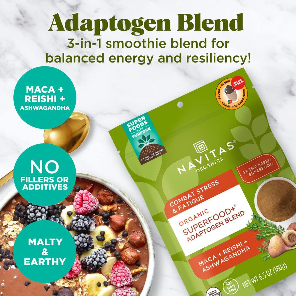 Navitas Organics smoothie mix in bowl highlights malty, earthy flavor with nut butters.