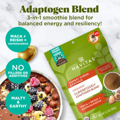 Navitas Organics smoothie mix in bowl highlights malty, earthy flavor with nut butters.