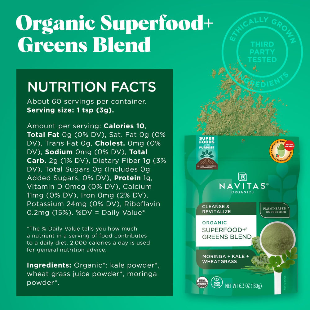 Navitas Organics greens blend bag closeup highlights organic, non-GMO ingredients