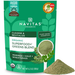 Navitas Organics Superfood+ Greens Blend bottle showing organic greens for daily wellness