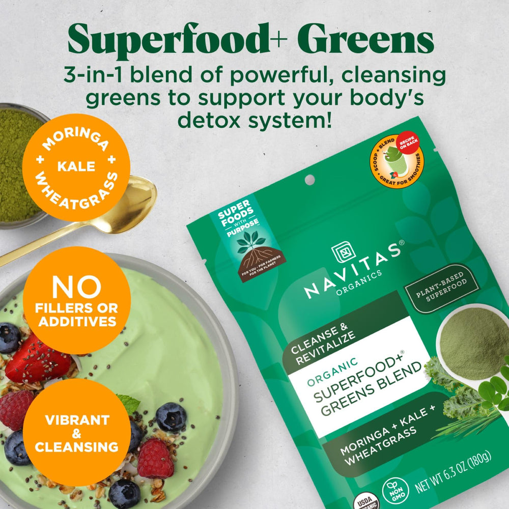 Pouring Navitas Organics Greens Blend demonstrates quick smoothie boost