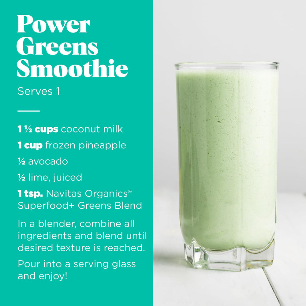 Navitas Organics Greens Blend smoothie image highlights nutrient-dense greens in a glass