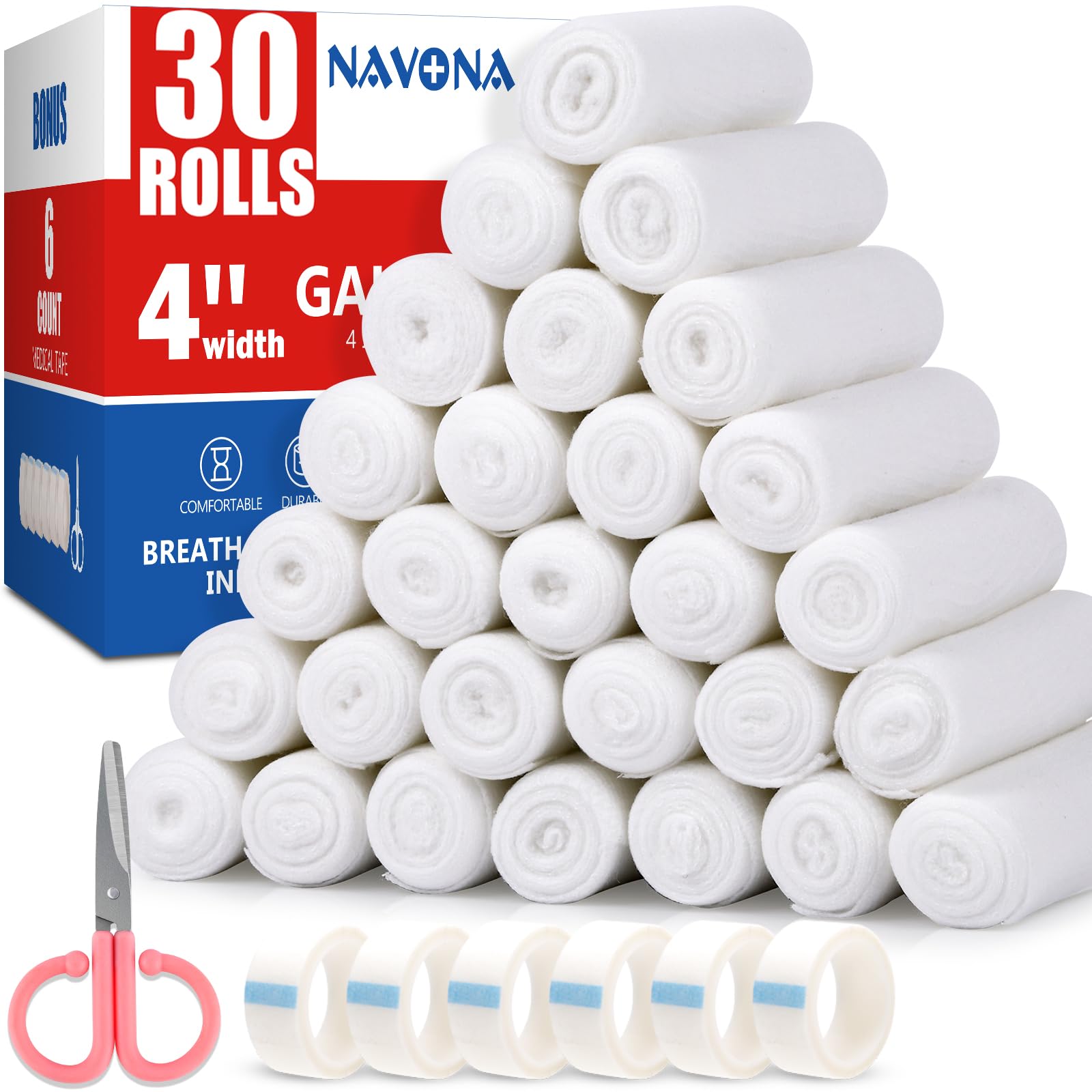 Navona gauze rolls, individually packed for quick, hygienic access in first aid settings.