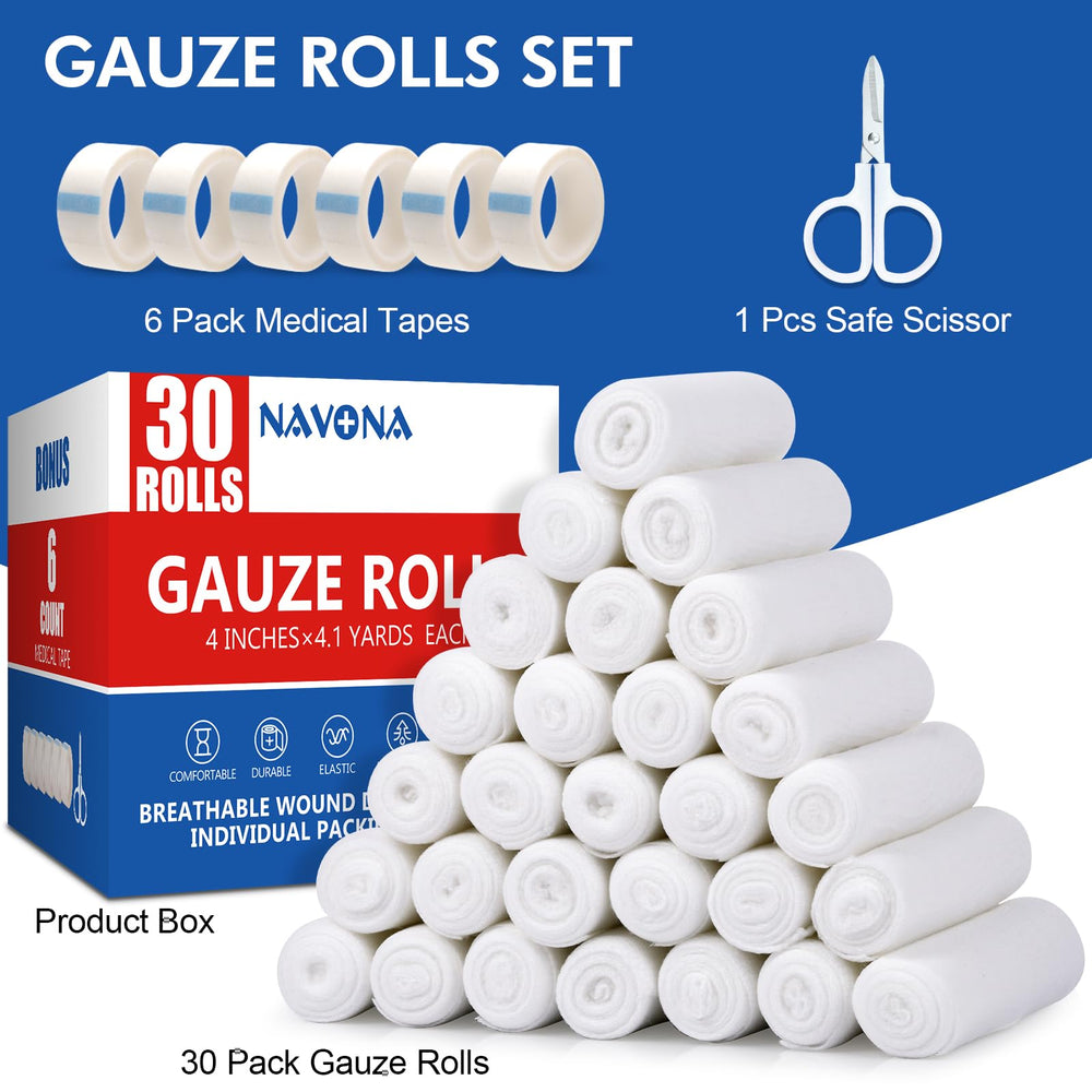 Navona gauze rolls come with six medical tapes for versatile dressings.