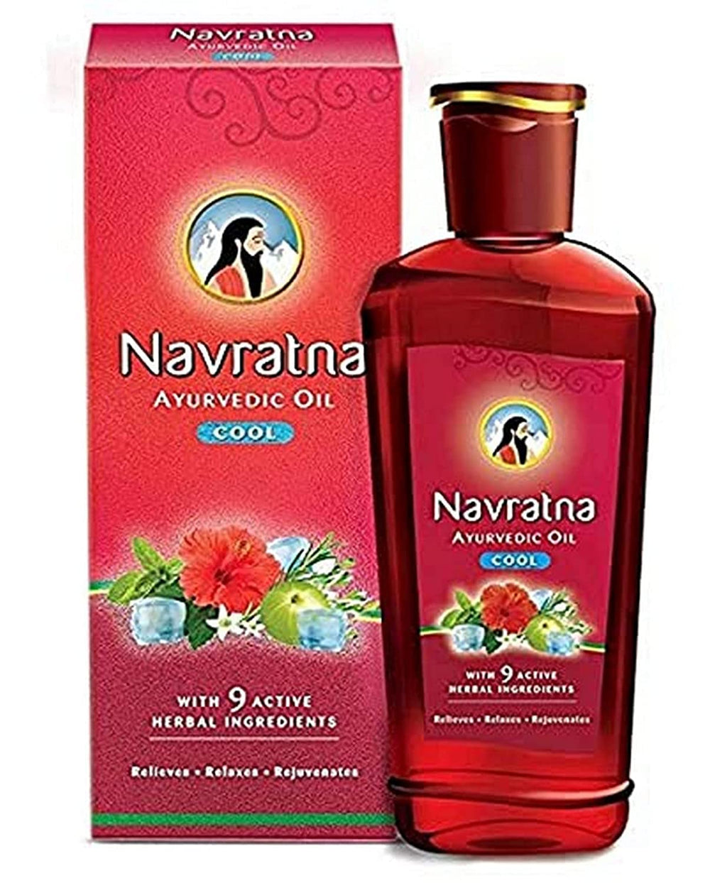 Navratna Cool Oil bottle with label showing refreshing scalp relief.