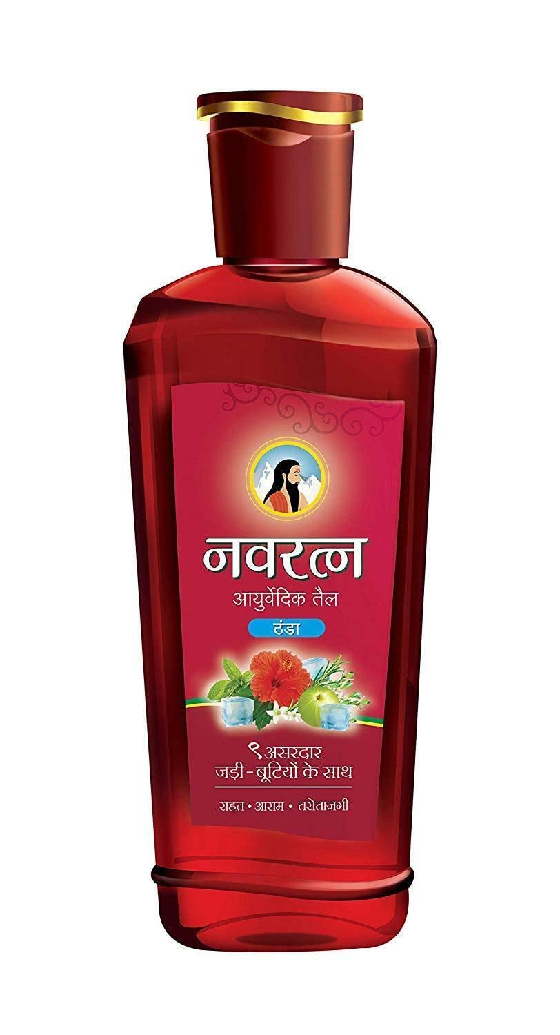Scalp massage scene with Navratna oil providing cooling relief.
