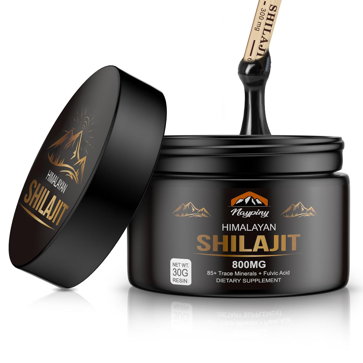 Naypiny Shilajit Resin in a gold-grade jar highlights energy and vitality.
