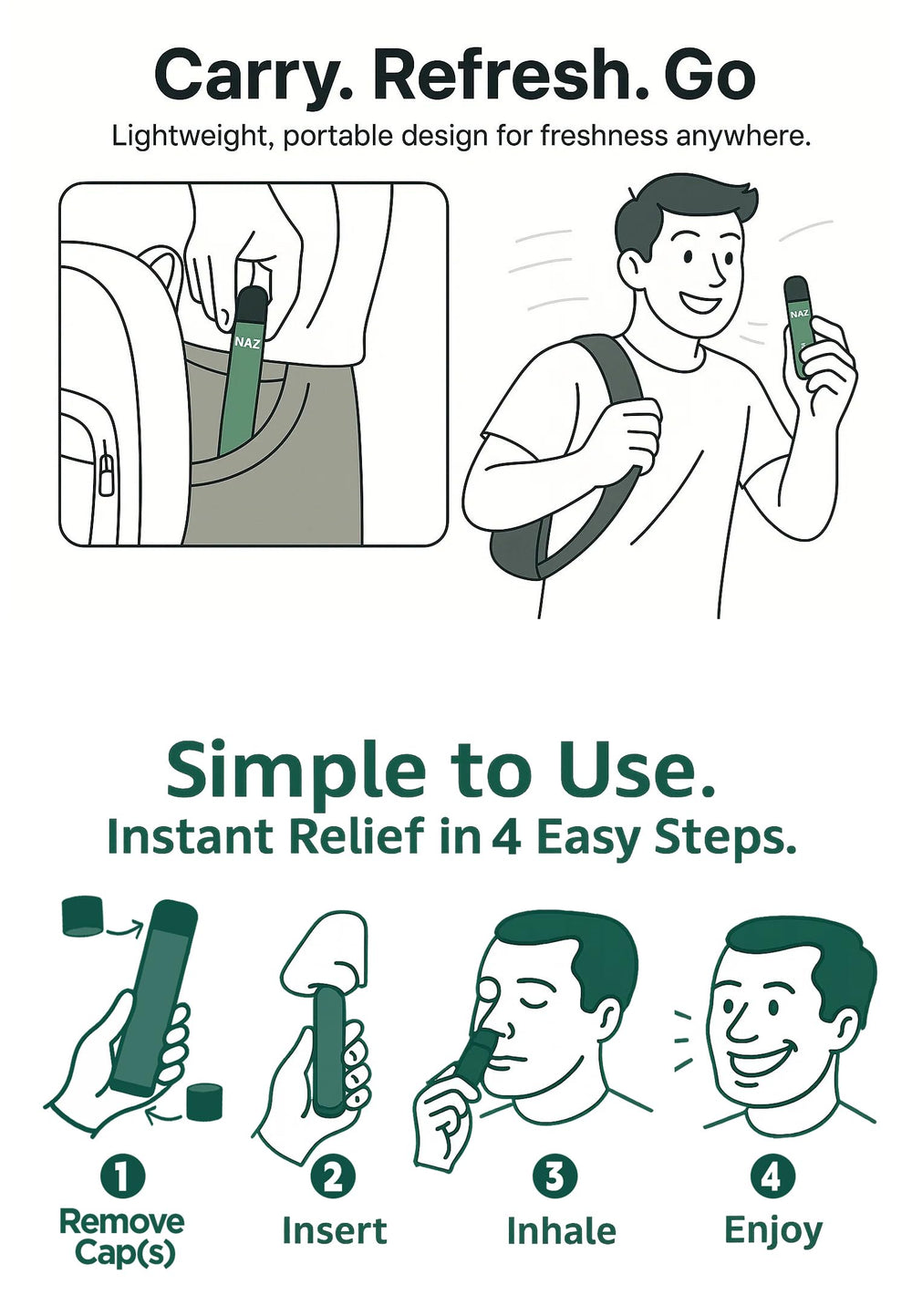Naz on-the-go usage fits in bag or car for instant refresh.