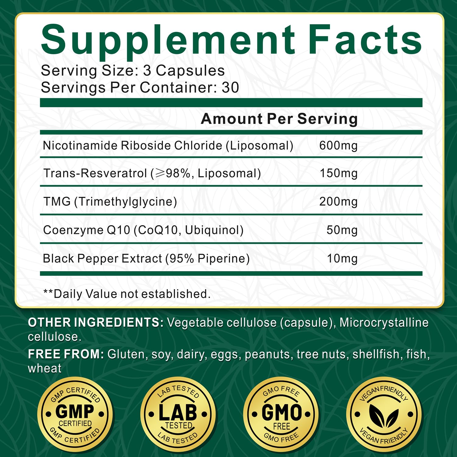 NBOOCUP NAD Supplement with Trans-Resveratrol closeup signaling antioxidant support.