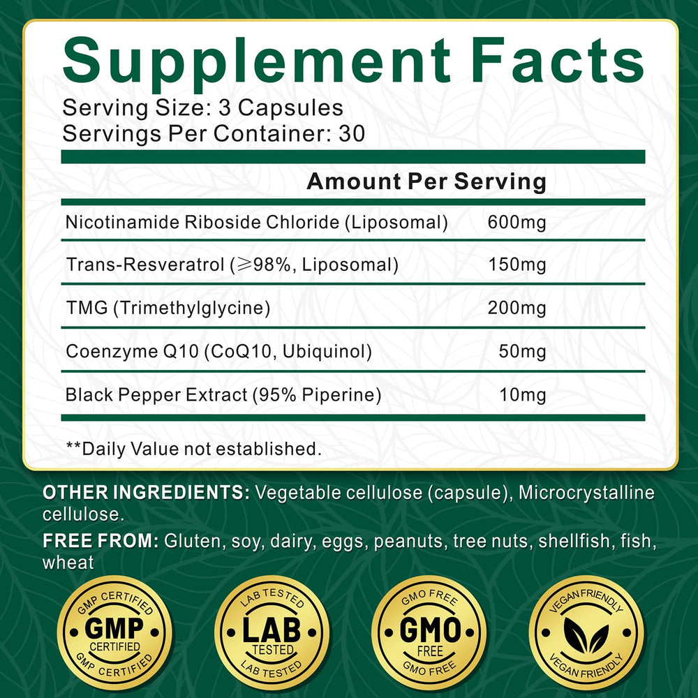 NBOOCUP NAD Supplement with Trans-Resveratrol closeup signaling antioxidant support.