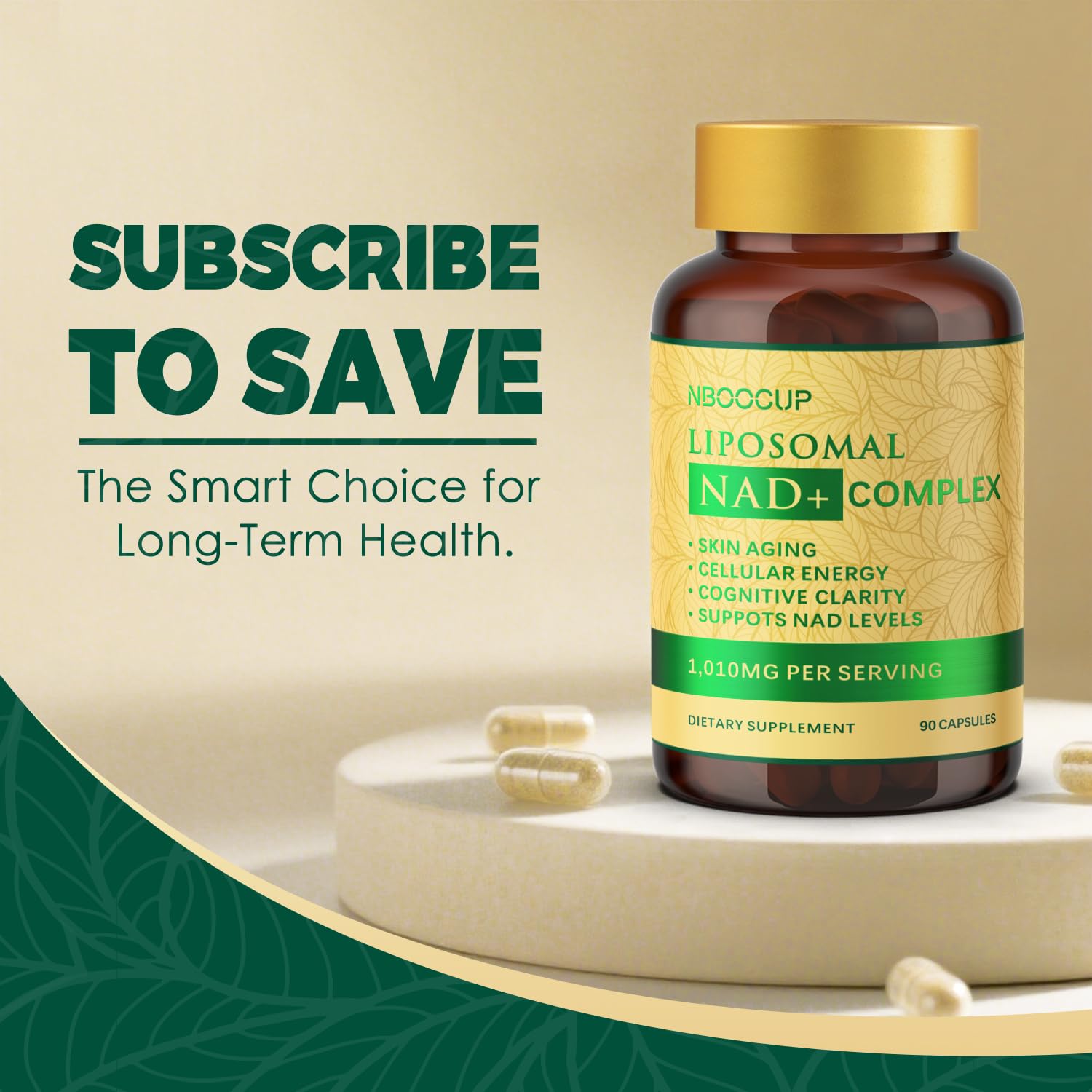 NBOOCUP NAD Supplement with TMG feature illustrated for stability in formula.