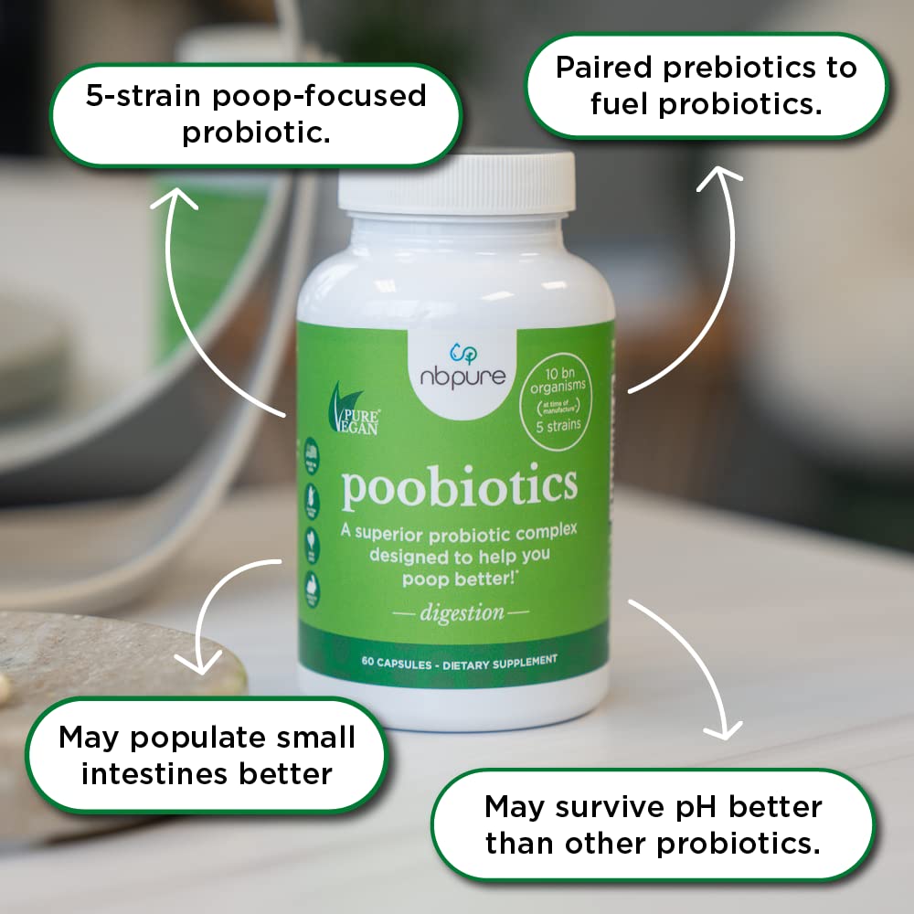 nbpure Poobiotics bottle on wooden table suggesting premium digestion support