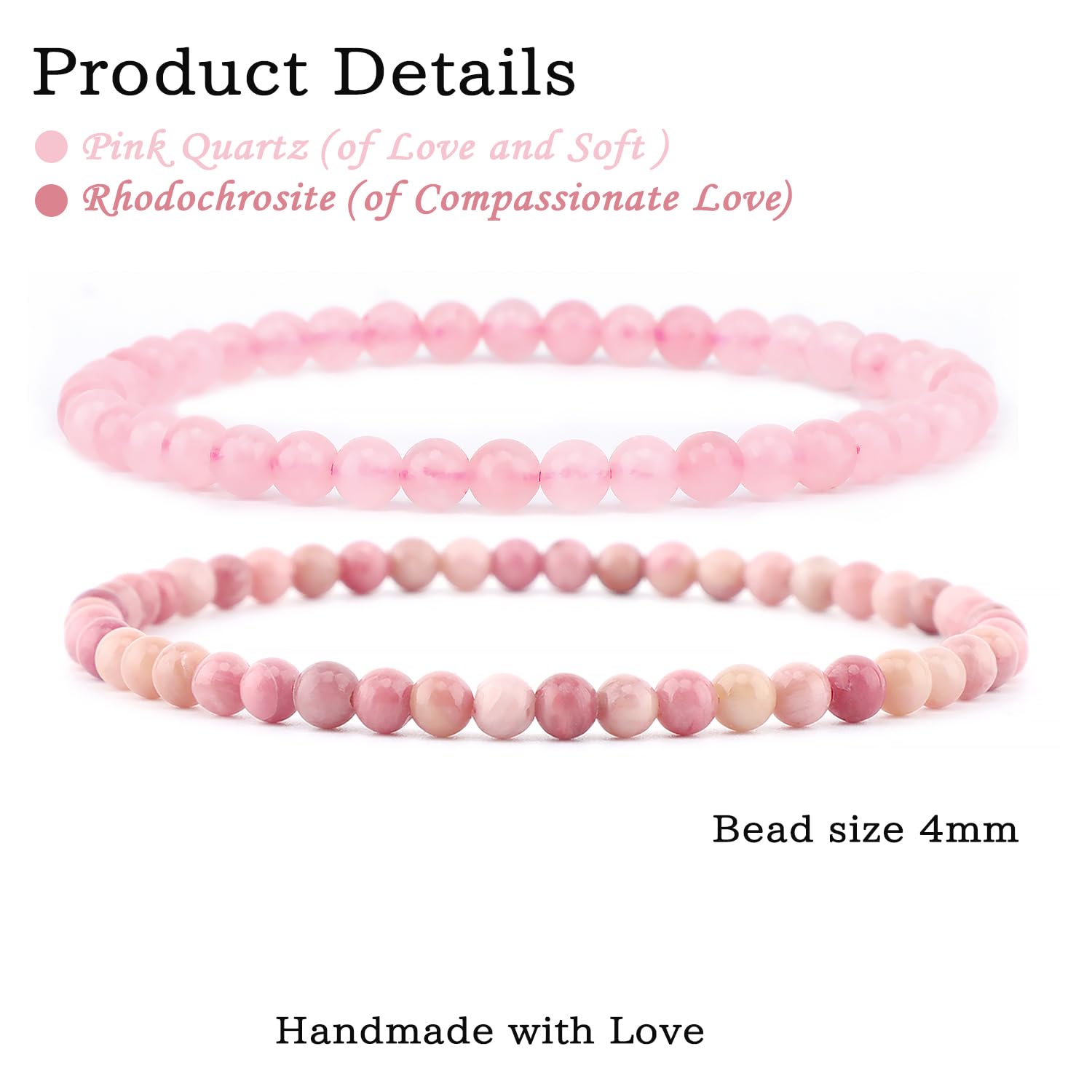 NCB pink quartz rhodochrosite bracelets on wrist showing unisex style