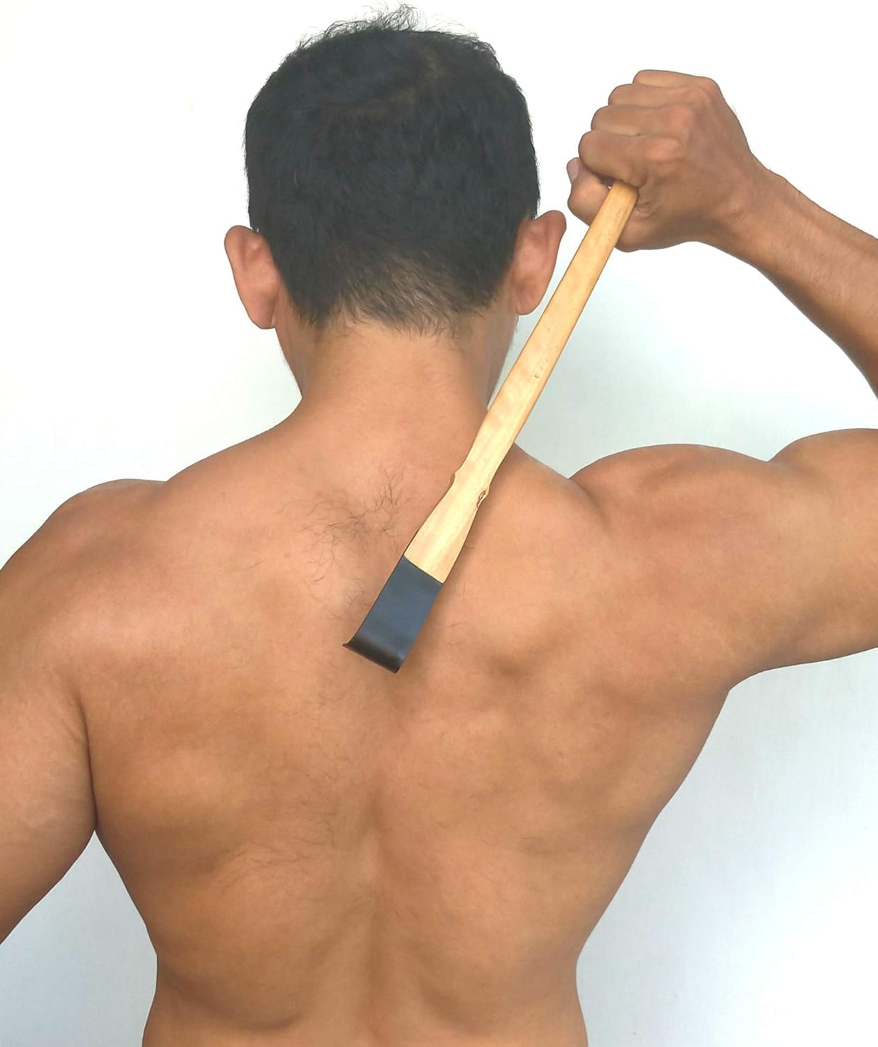 NDC Feels Like Fingernails back scratcher in use demonstrates extended reach for back areas.