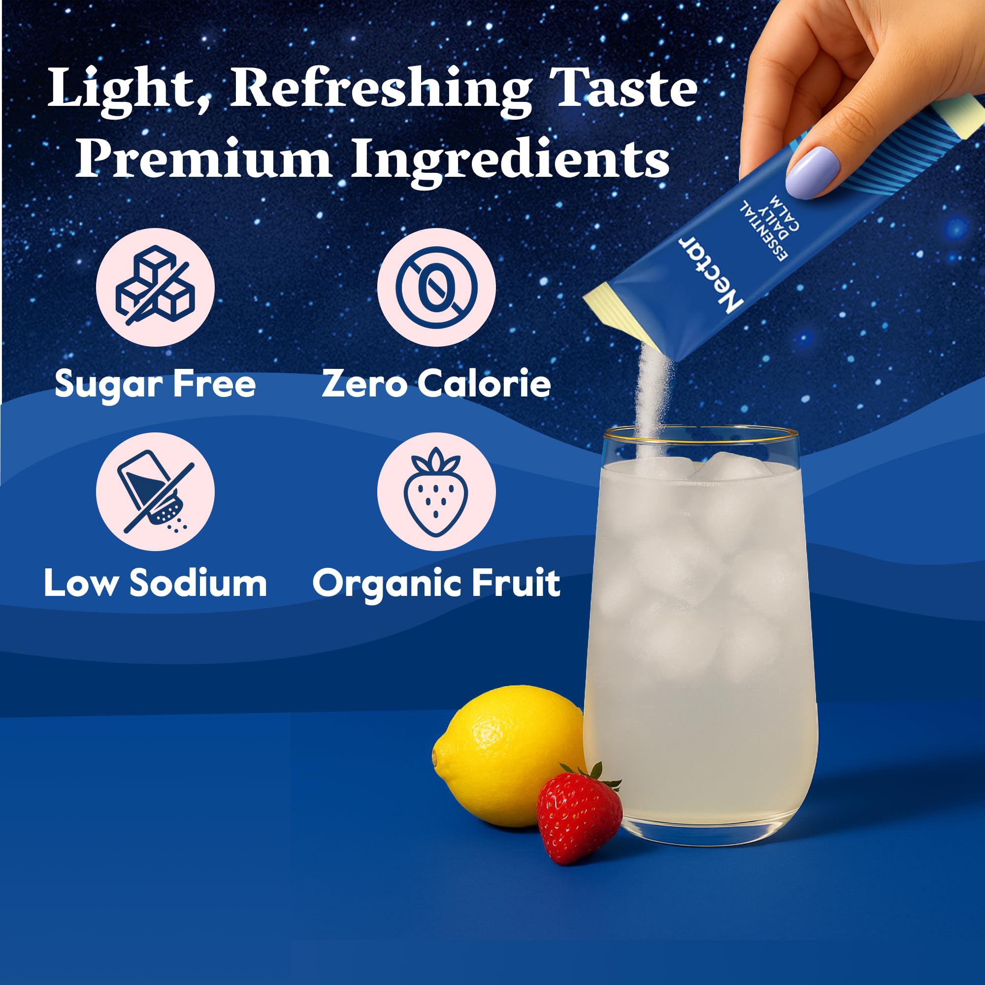 Nectar Calm electrolytes for hydration during workouts and evenings.