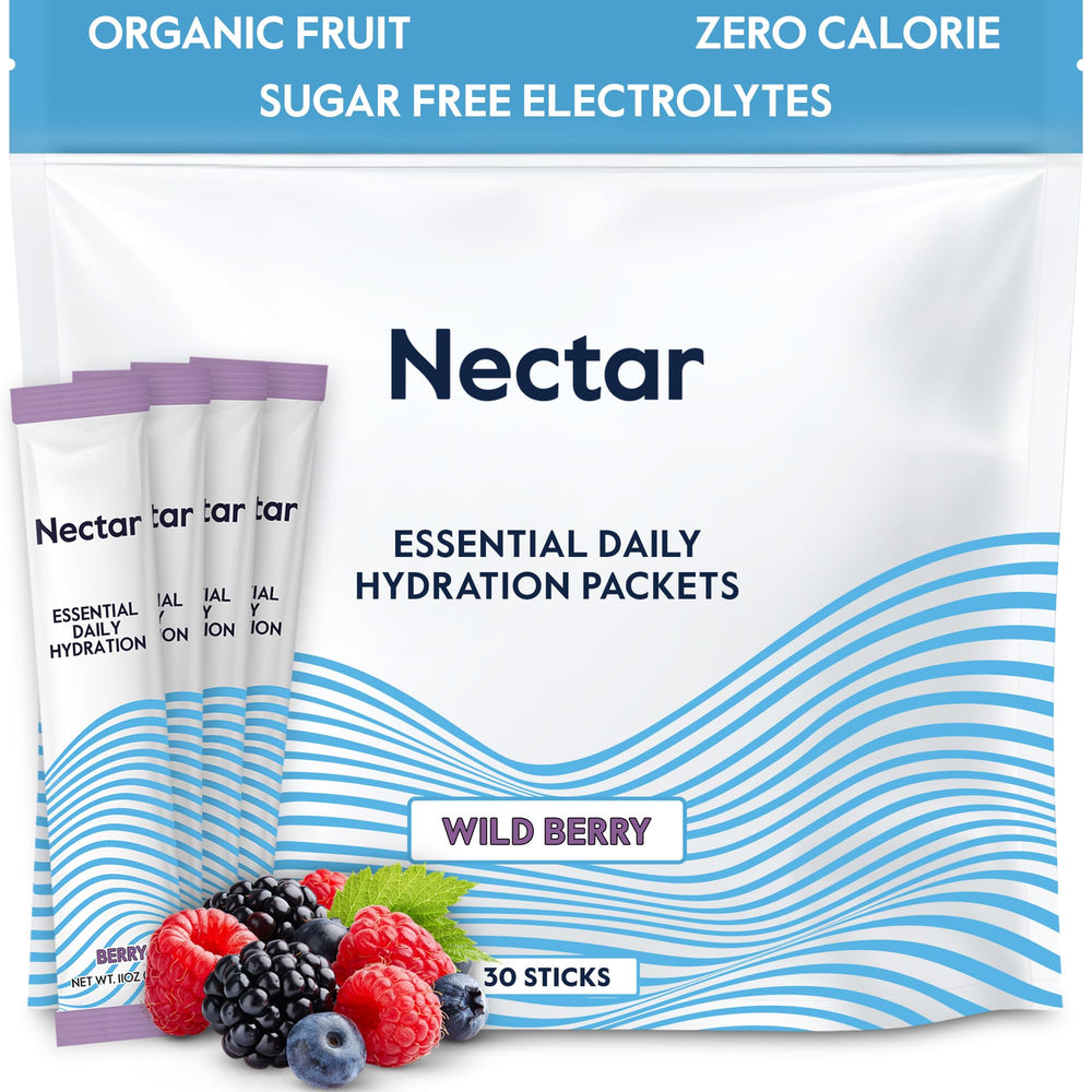 Nectar Hydration Packets berry bottle pour shows zero-calorie hydration with real organic flavor