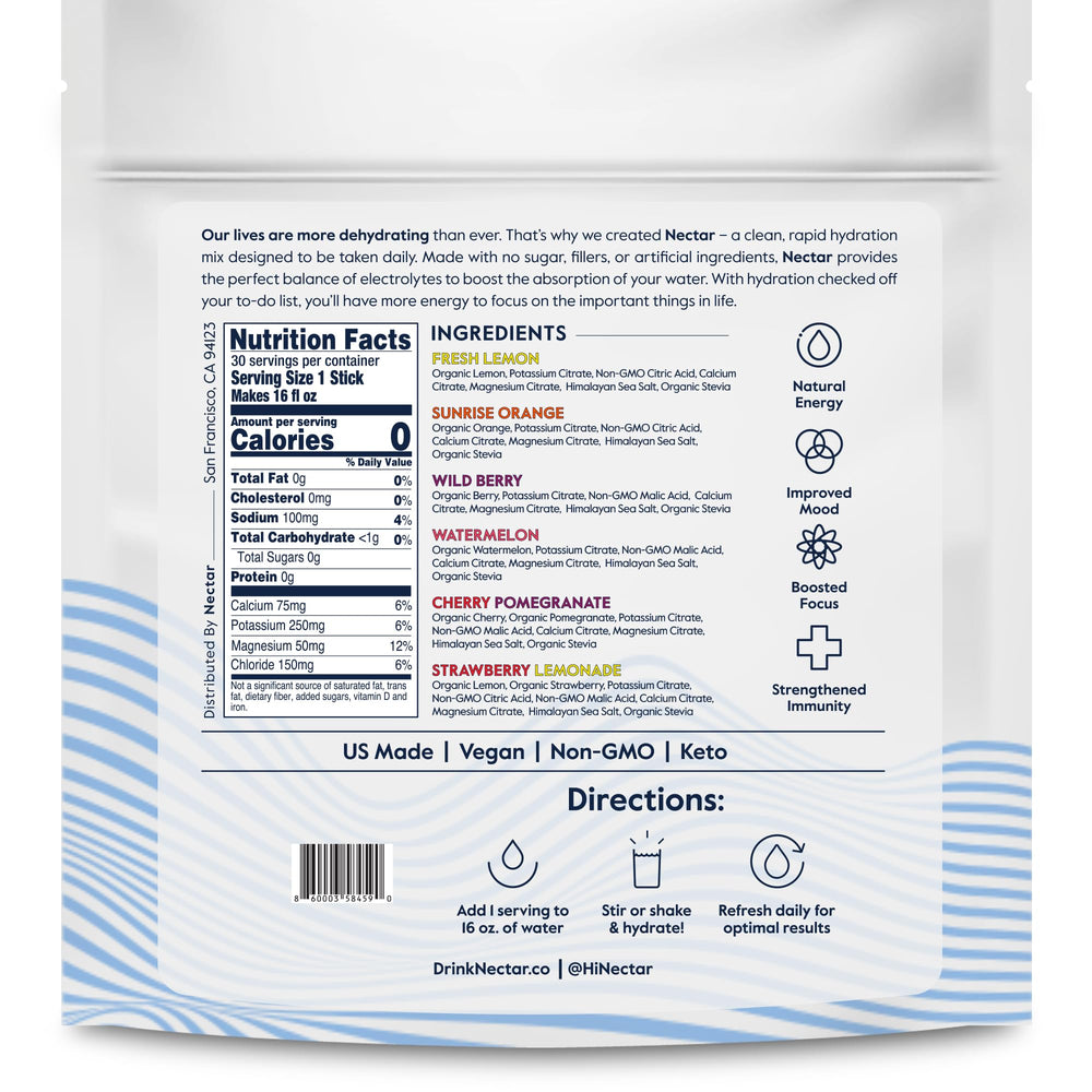 Nectar Hydration Packets nutrition label: clean ingredients for mindful hydration.