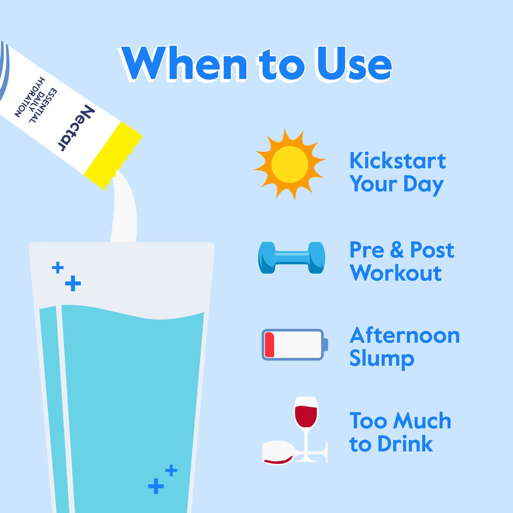 Nectar hydration packet dissolving in water delivering quick, zero-sugar hydration.