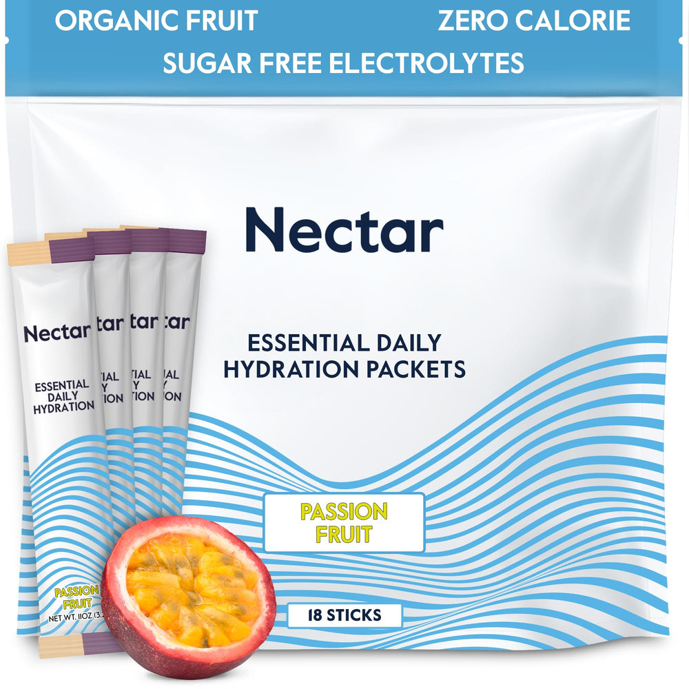 Nectar Hydration Packets packaging highlights passion fruit flavor for on-the-go daily hydration.