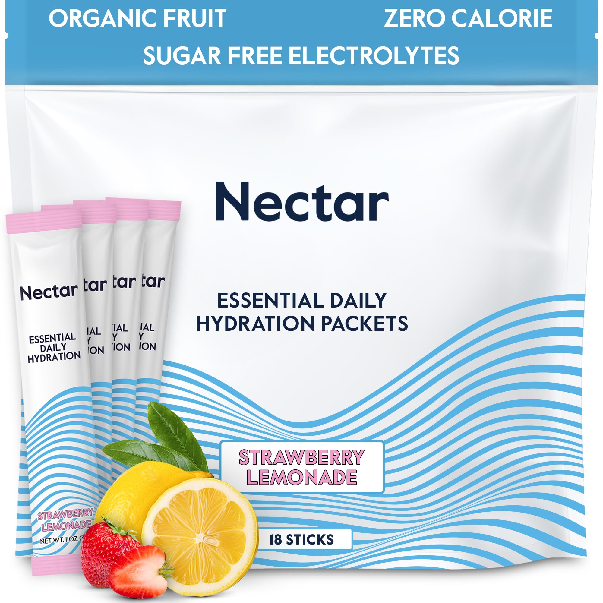 Nectar Hydration Packets packaging showing strawberry lemon flavor for easy daily hydration.