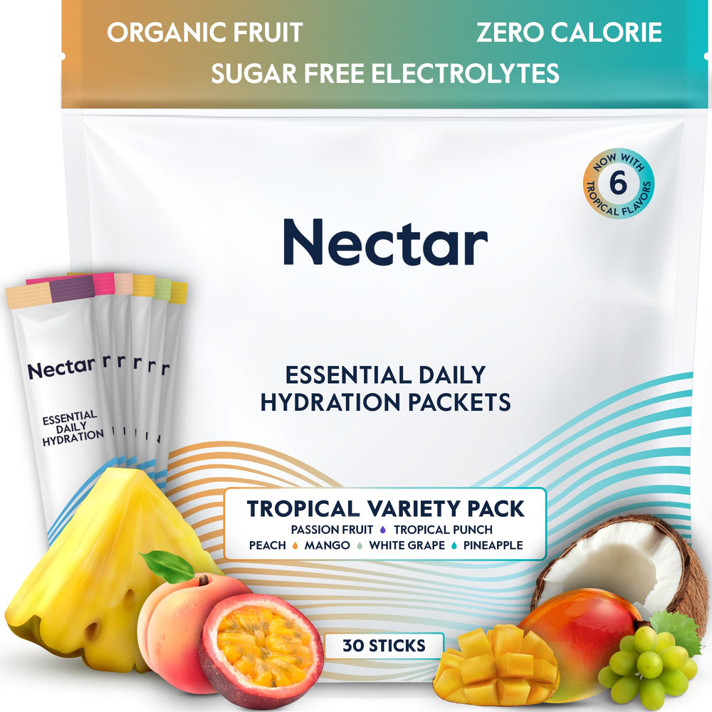 Nectar Hydration Packets front label with tropical flavor for daily hydration.