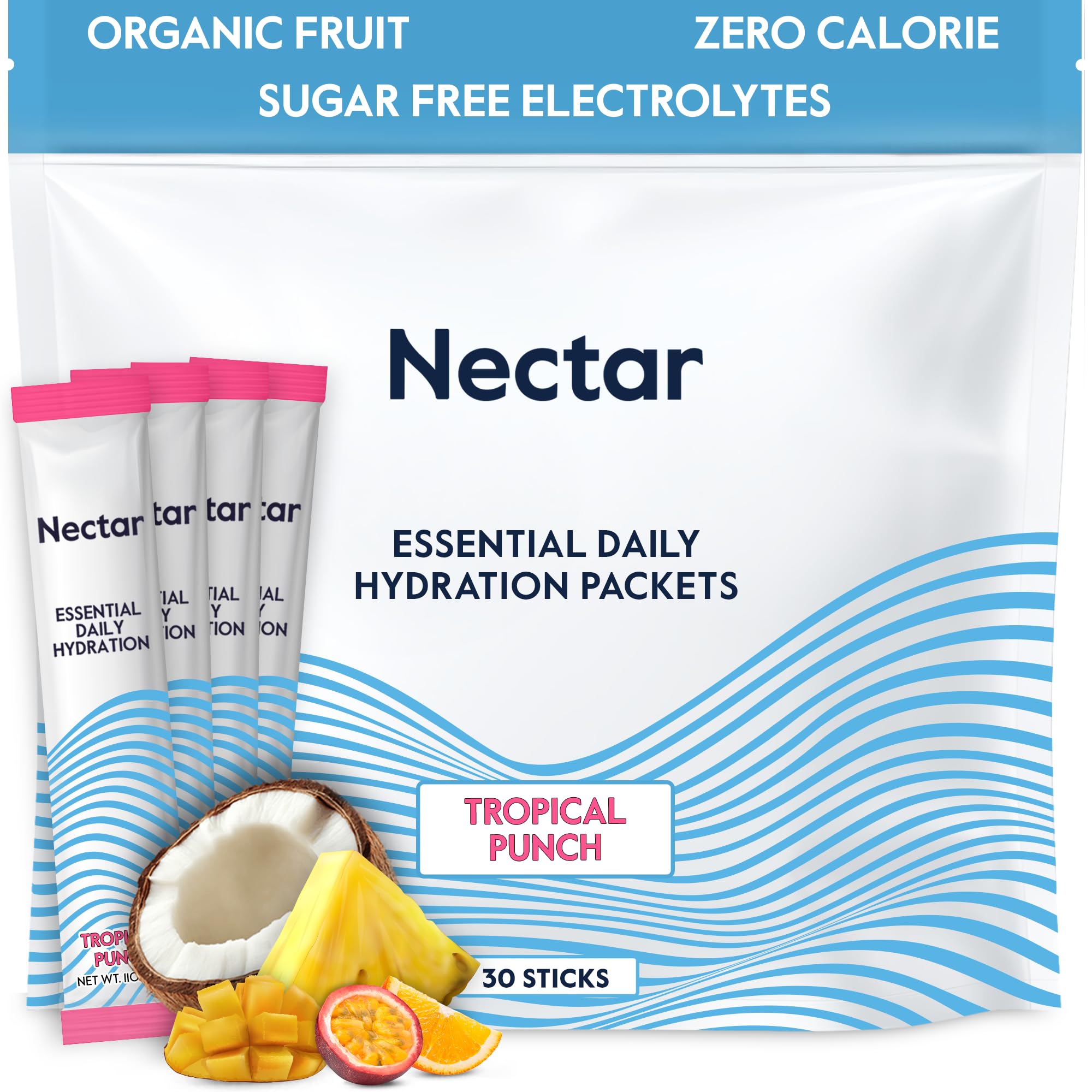 Nectar Hydration Packets Tropical Punch bottle pour for zero-calorie hydration on the go