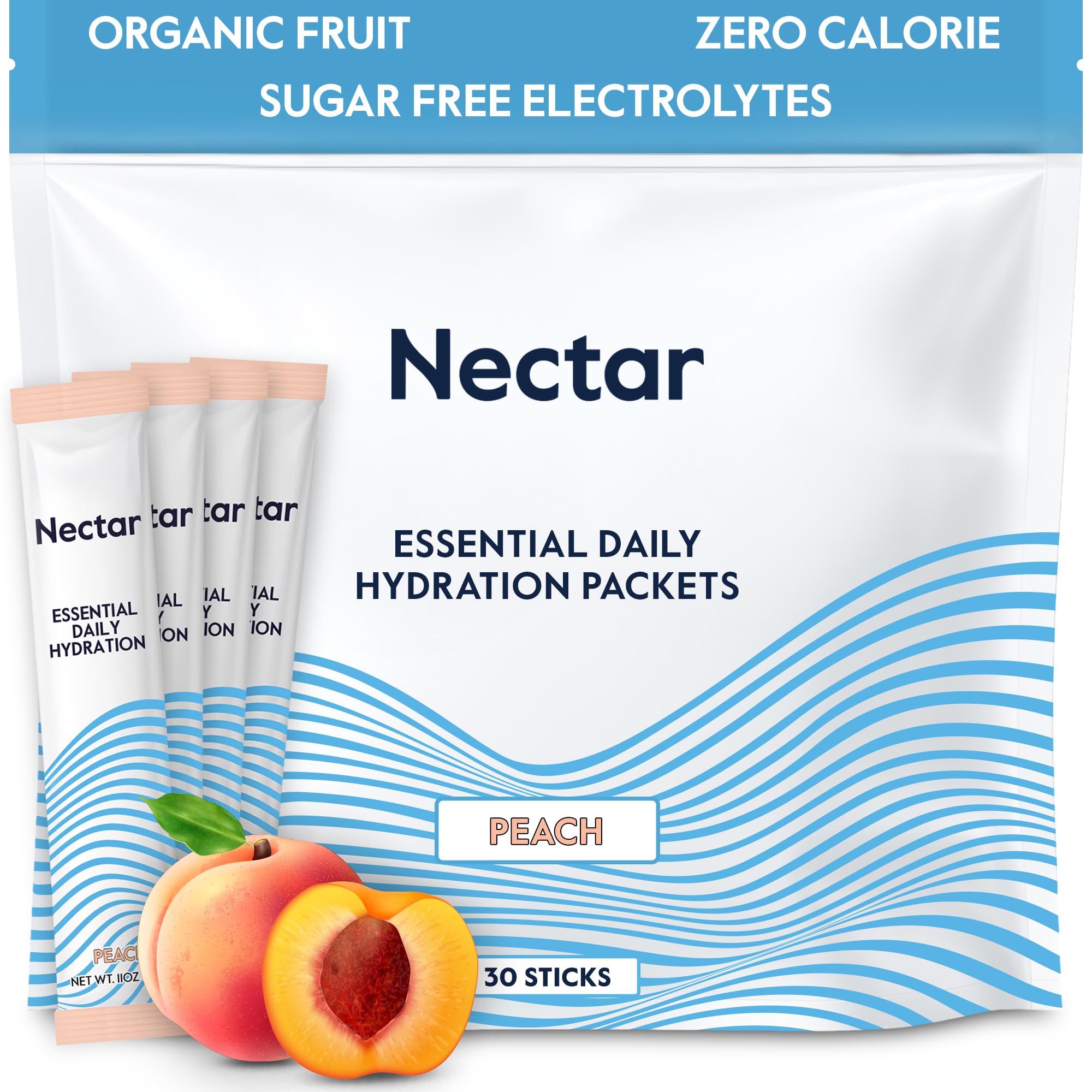Nectar hydration peach packets close-up showing powder texture for rapid hydration