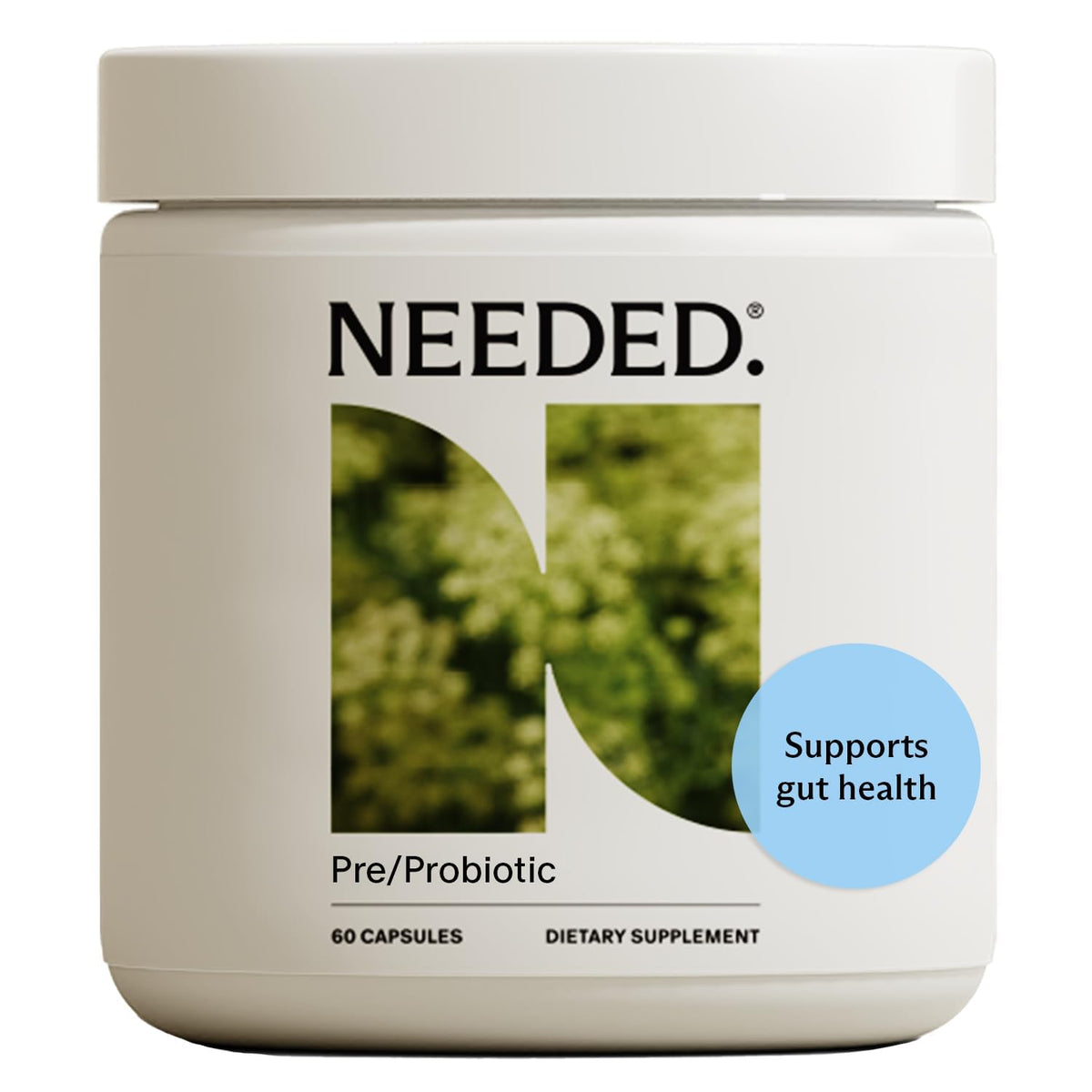 Needed Balance bottle close-up with 60 capsules for prenatal use.