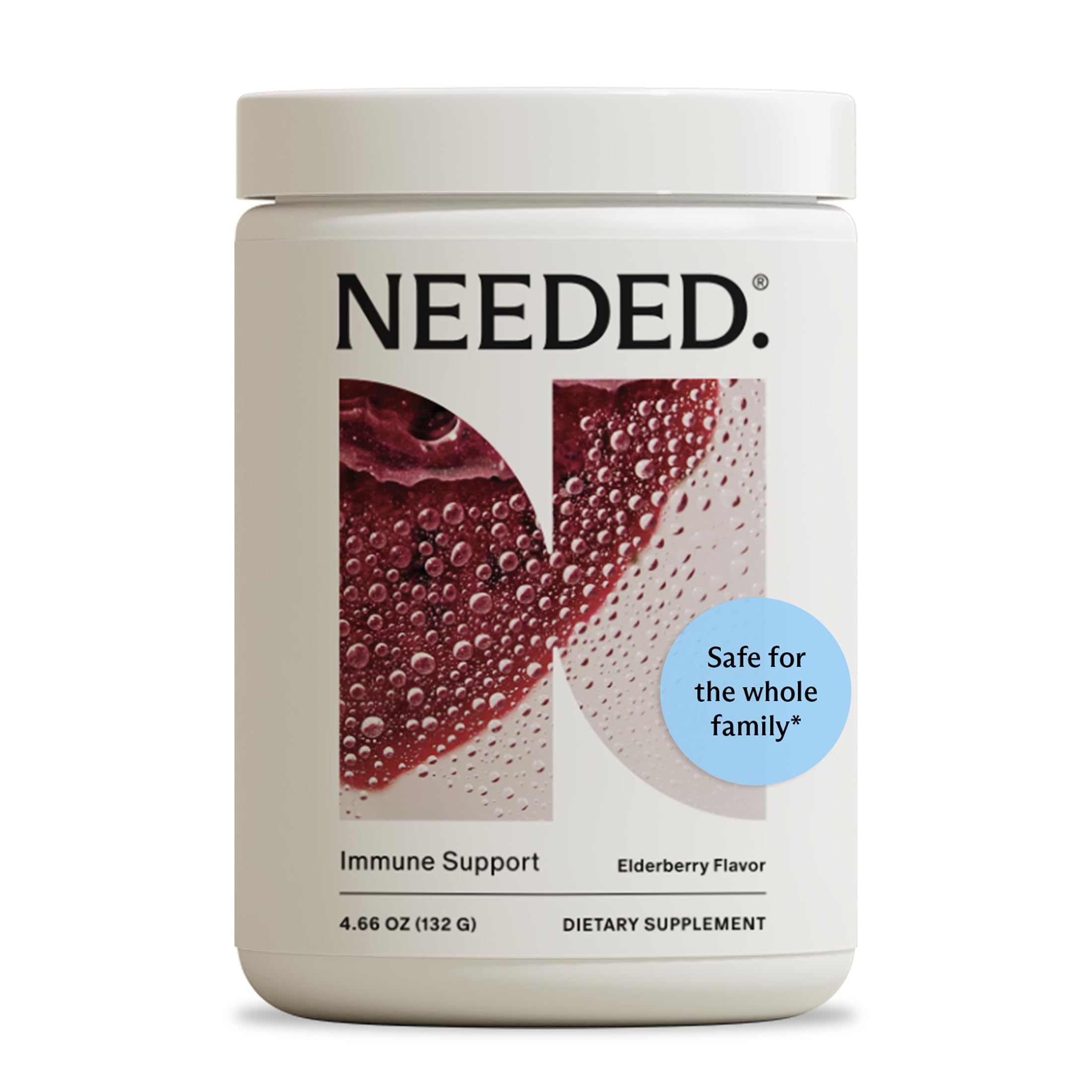Needed Immune Support Powder bag front view showing family-sized packaging.