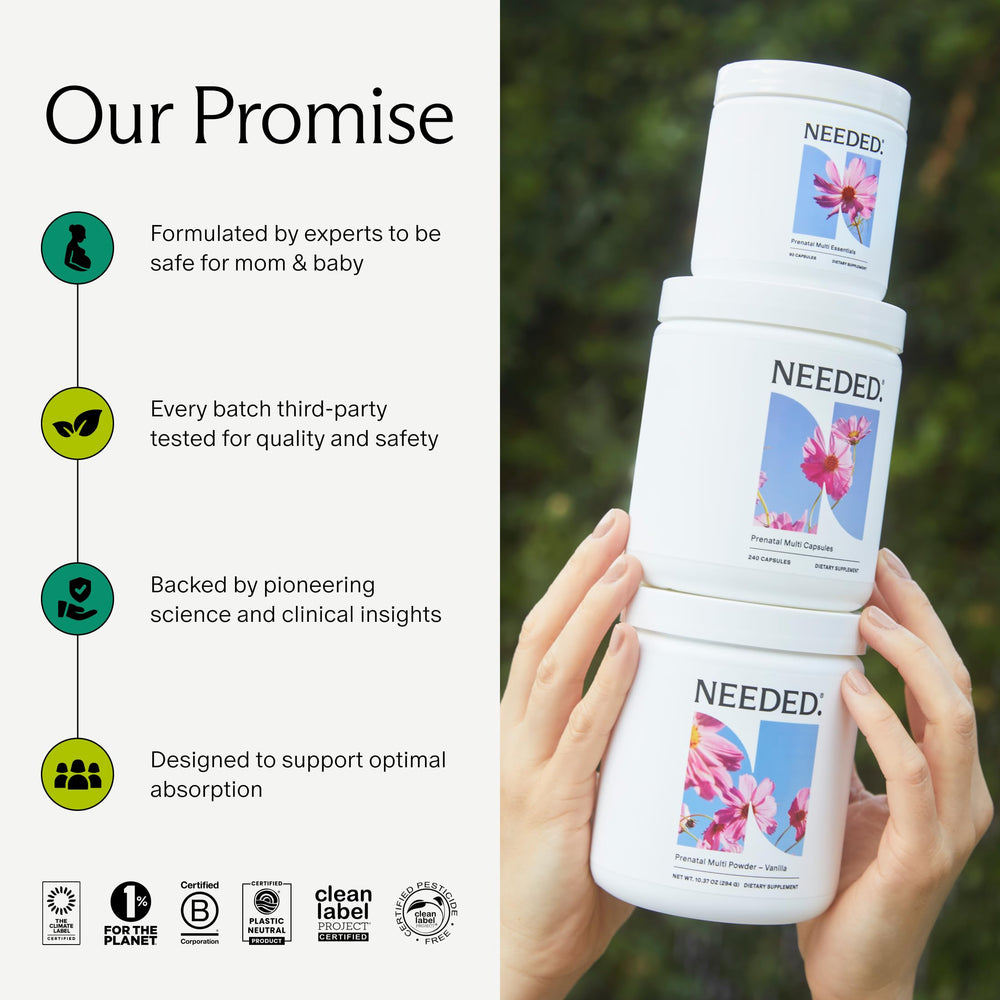 Needed nutrient dosage graphic highlights 26 essential nutrients for pregnancy.