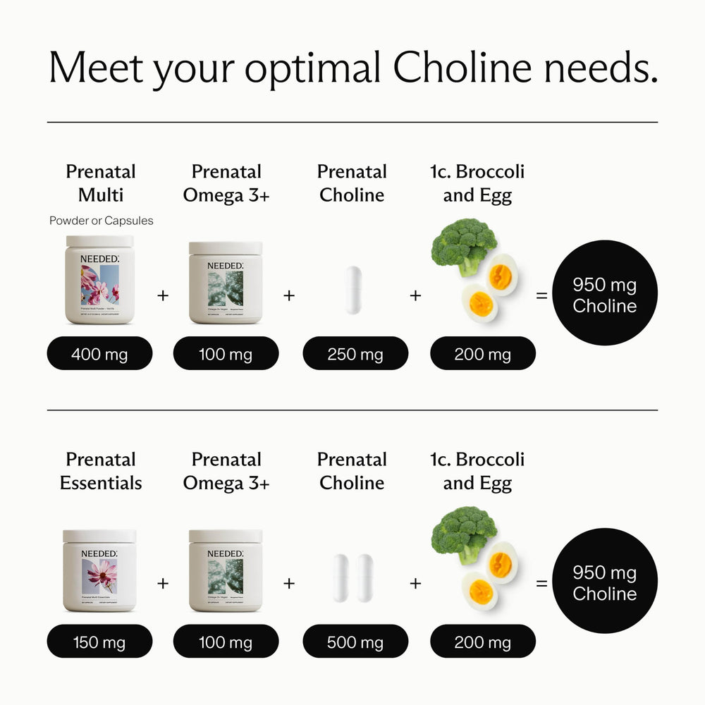 Needed Prenatal Choline bottle shows clear label and trusted quality under natural light.