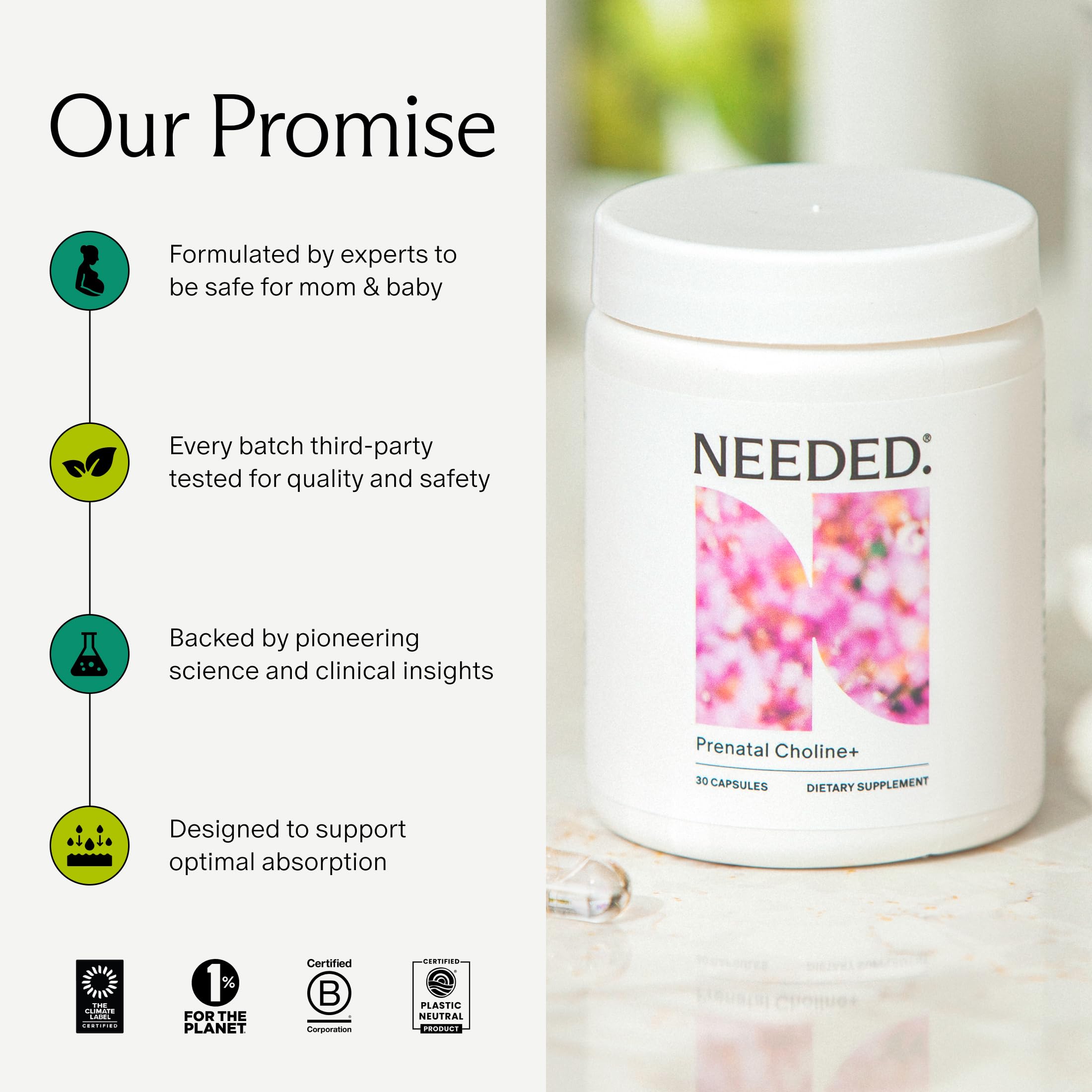 Needed Prenatal Choline+ box on a shelf signals trusted prenatal nutrition.