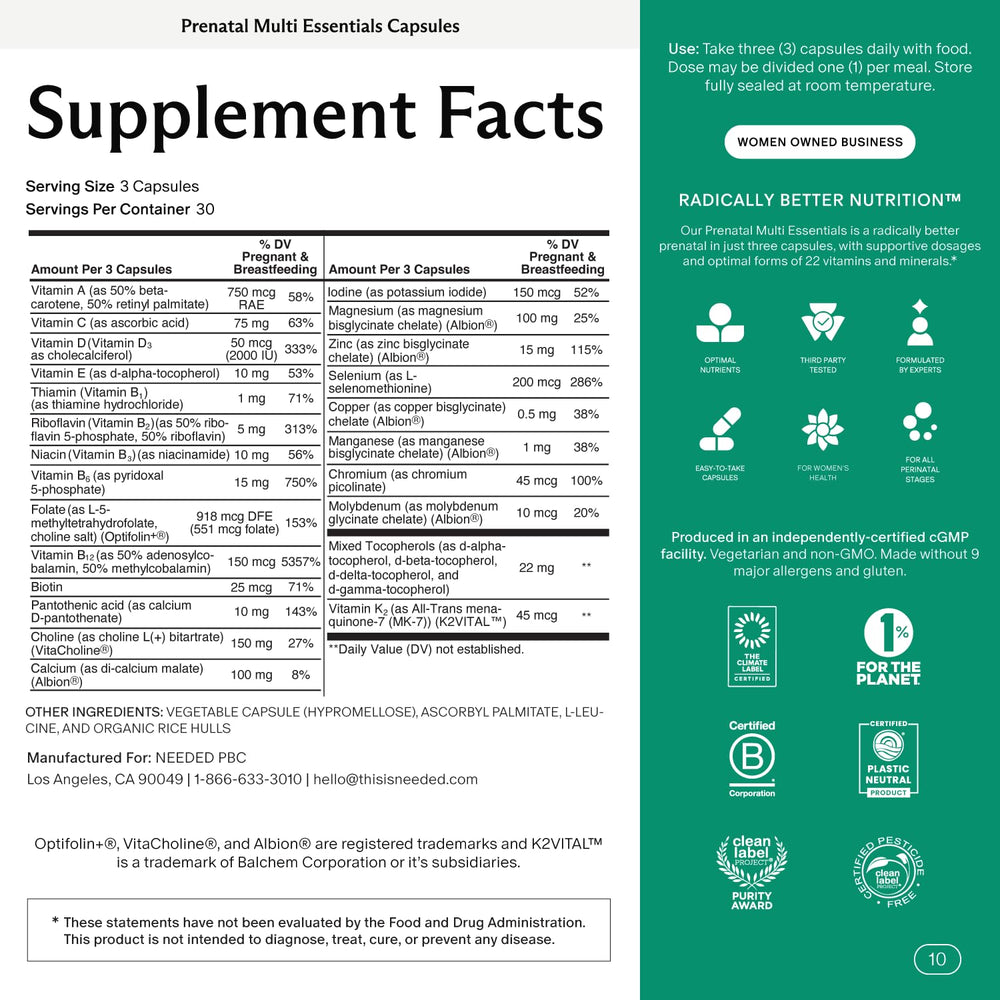 Needed Prenatal packaging displays 30-day supply and dosage guidance.