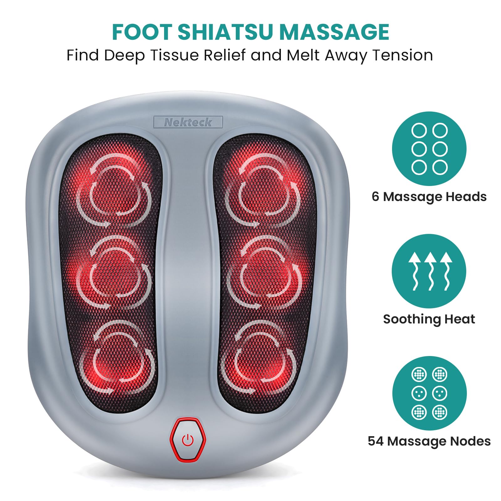 Nekteck massager with 6 heads and 54 nodes for targeted foot relief.