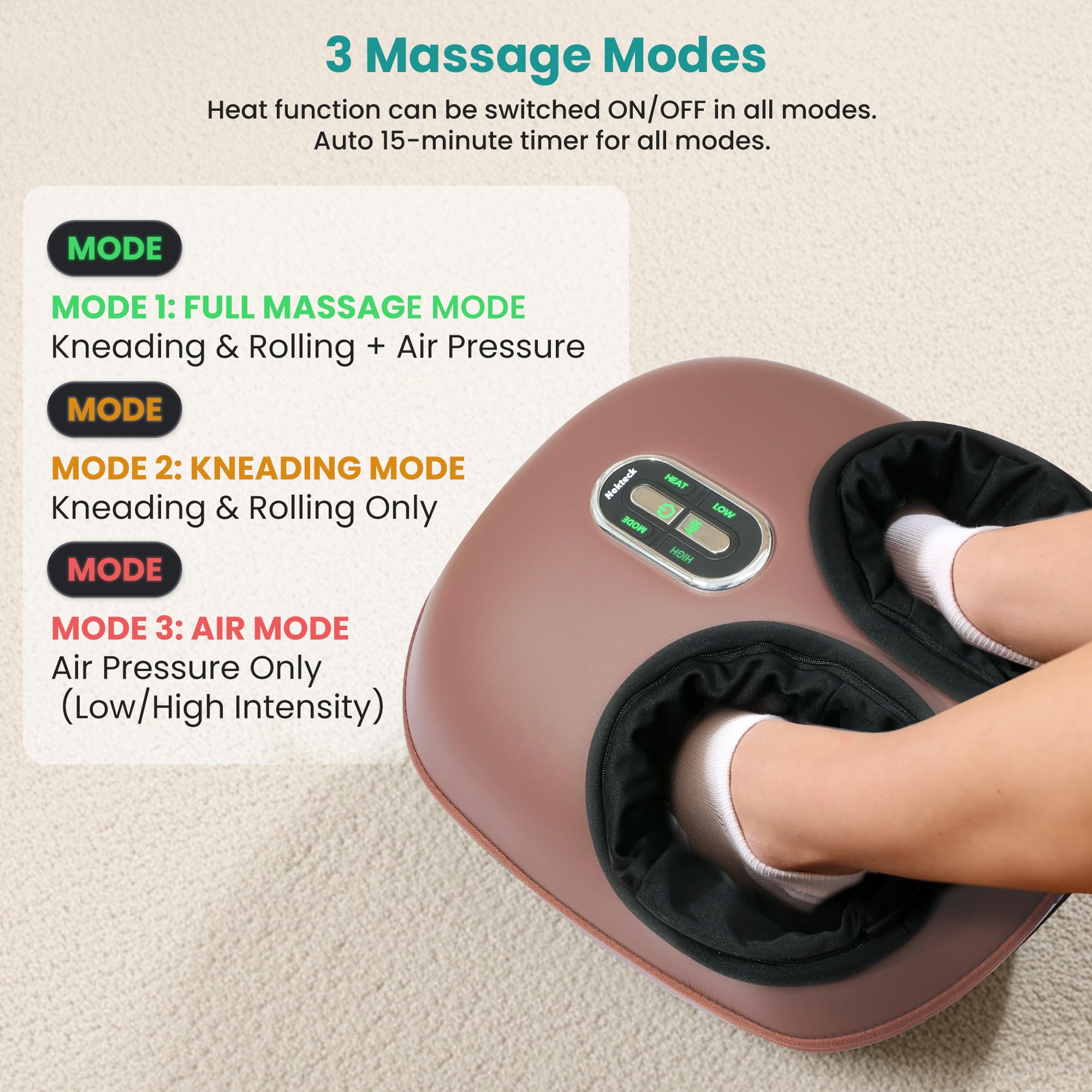 Nekteck foot massager showing heat function warming tired feet after work.