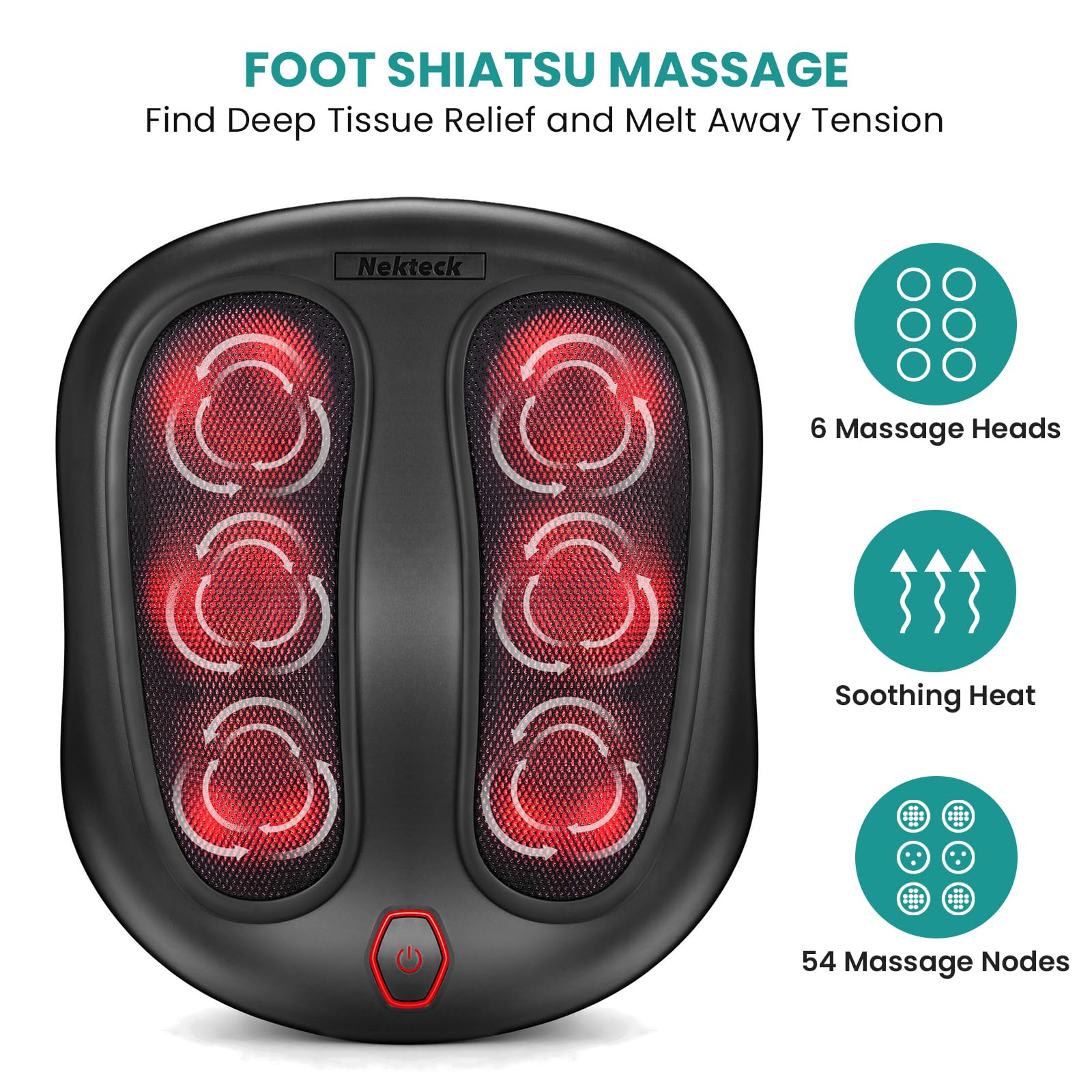Nekteck foot massager heat function provides warm relaxation.