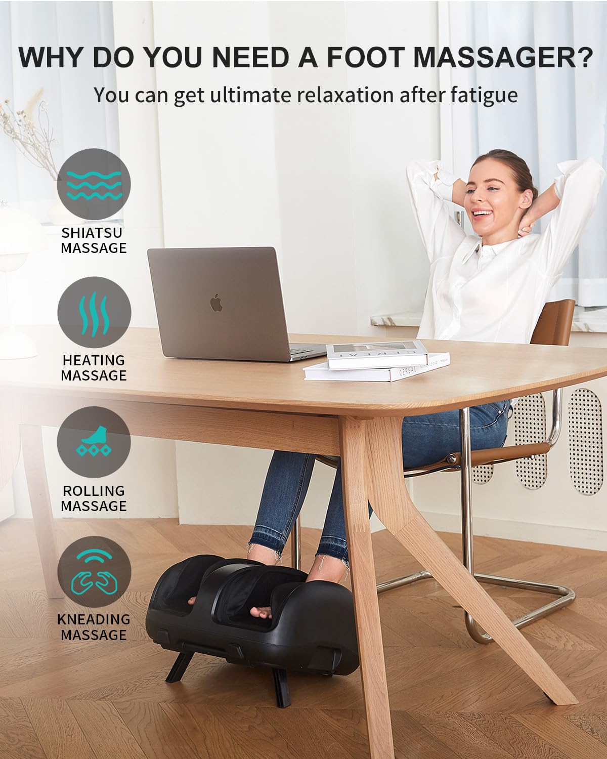 Nekteck kneading and rolling massage targets feet, ankles, and calves.