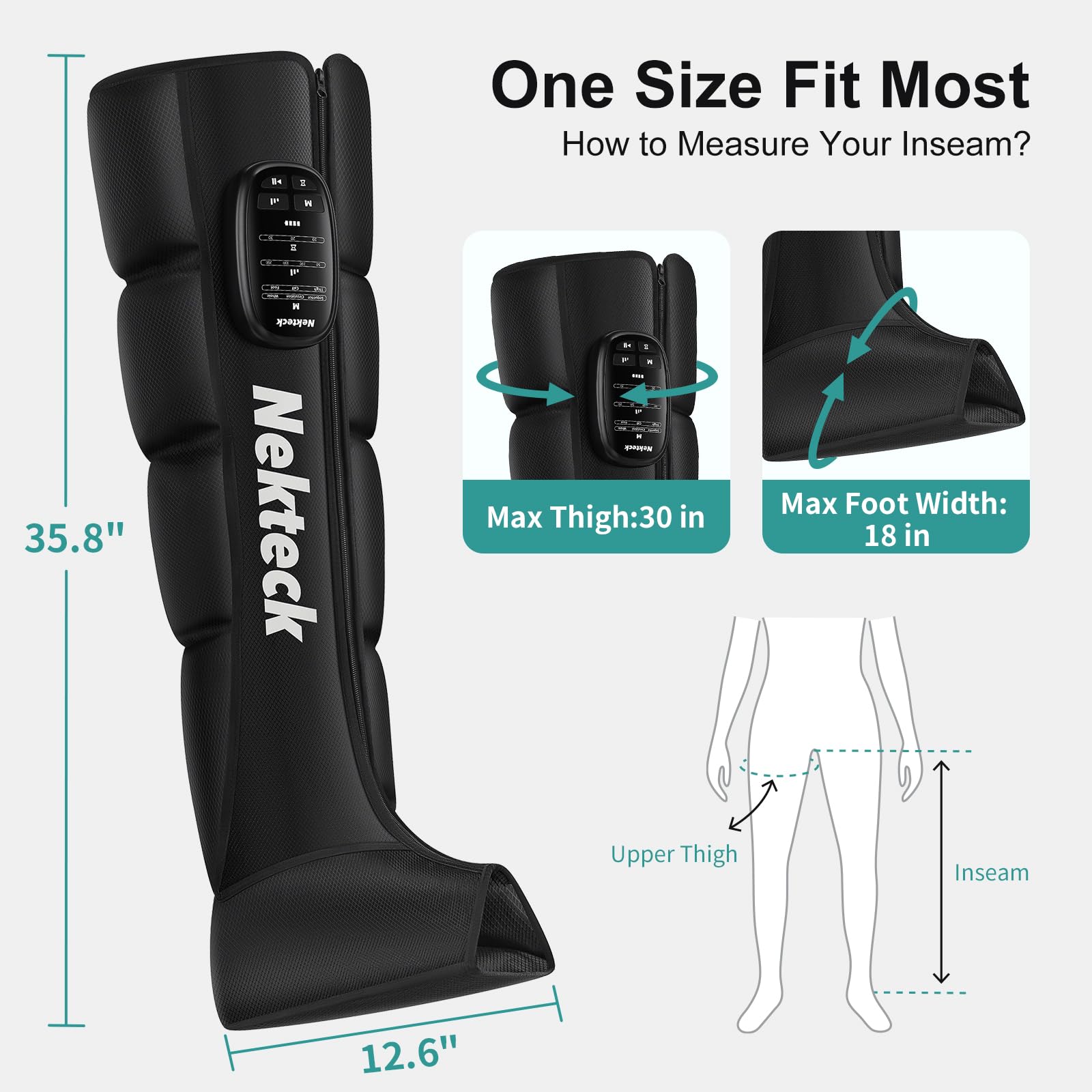 Nekteck massager in use on leg demonstrates portability and flexibility